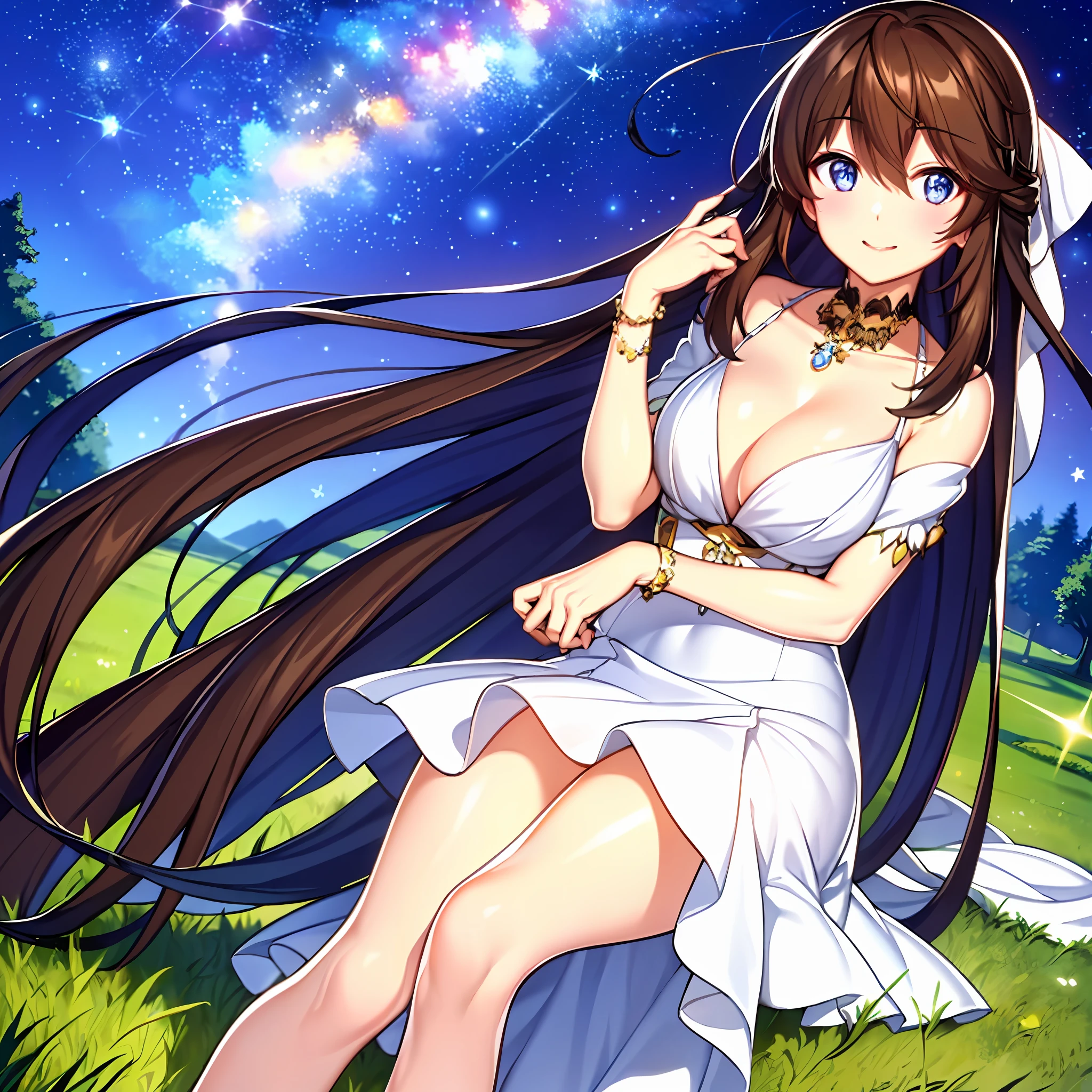 (masterpiece), best quality, ultra-detailed, illustration, warm lighting, soft lighting, bright colors, back view,( beautiful girl, long hair, blue eyes, ribbon, brown hair, hair between eyes, hair ribbon, sidelocks, very long hair, messy hair), night, outside, grass, river, sitting on the grass , starry sky, warm moonlight, (wear  long, straight white taffeta dress), (modest and elegant dress),Sparkling necklace, mischievous smile,