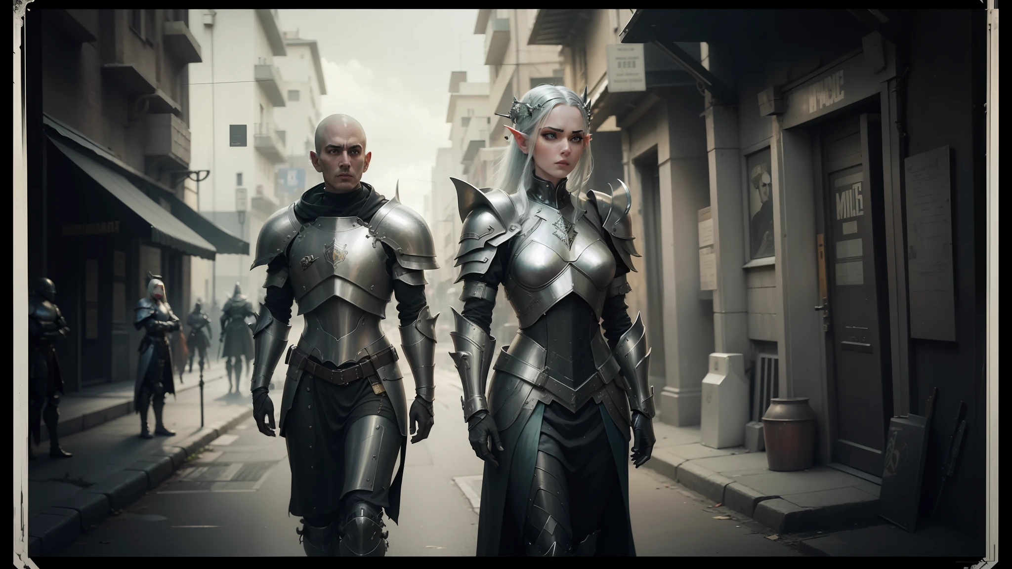 there are two men in armor standing on a street, cyberpunk robotic elvish queen, still from a music video, by David Roberts, tactical squads :9, tin type, two women, character design : : gothic, beautiful female knight, urban patrol, inspired by Laurie Lipton, [ metal ] --auto --s2