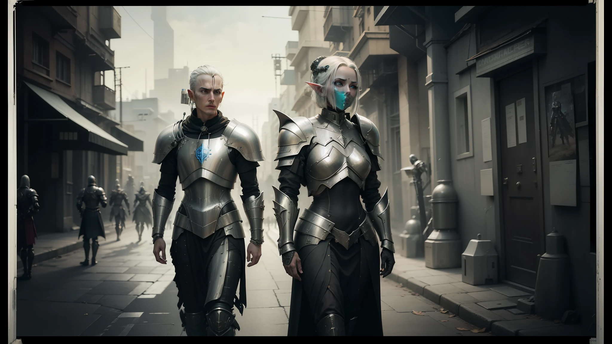 there are two men in armor standing on a street, cyberpunk robotic elvish queen, still from a music video, by David Roberts, tactical squads :9, tin type, two women, character design : : gothic, beautiful female knight, urban patrol, inspired by Laurie Lipton, [ metal ] --auto --s2