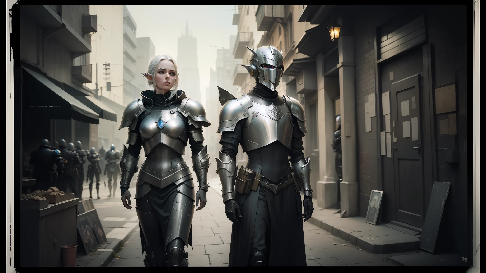 there are two men in armor standing on a street, cyberpunk robotic elvish queen, still from a music video, by David Roberts, tactical squads :9, tin type, two women, character design : : gothic, beautiful female knight, urban patrol, inspired by Laurie Lipton, [ metal ] --auto --s2