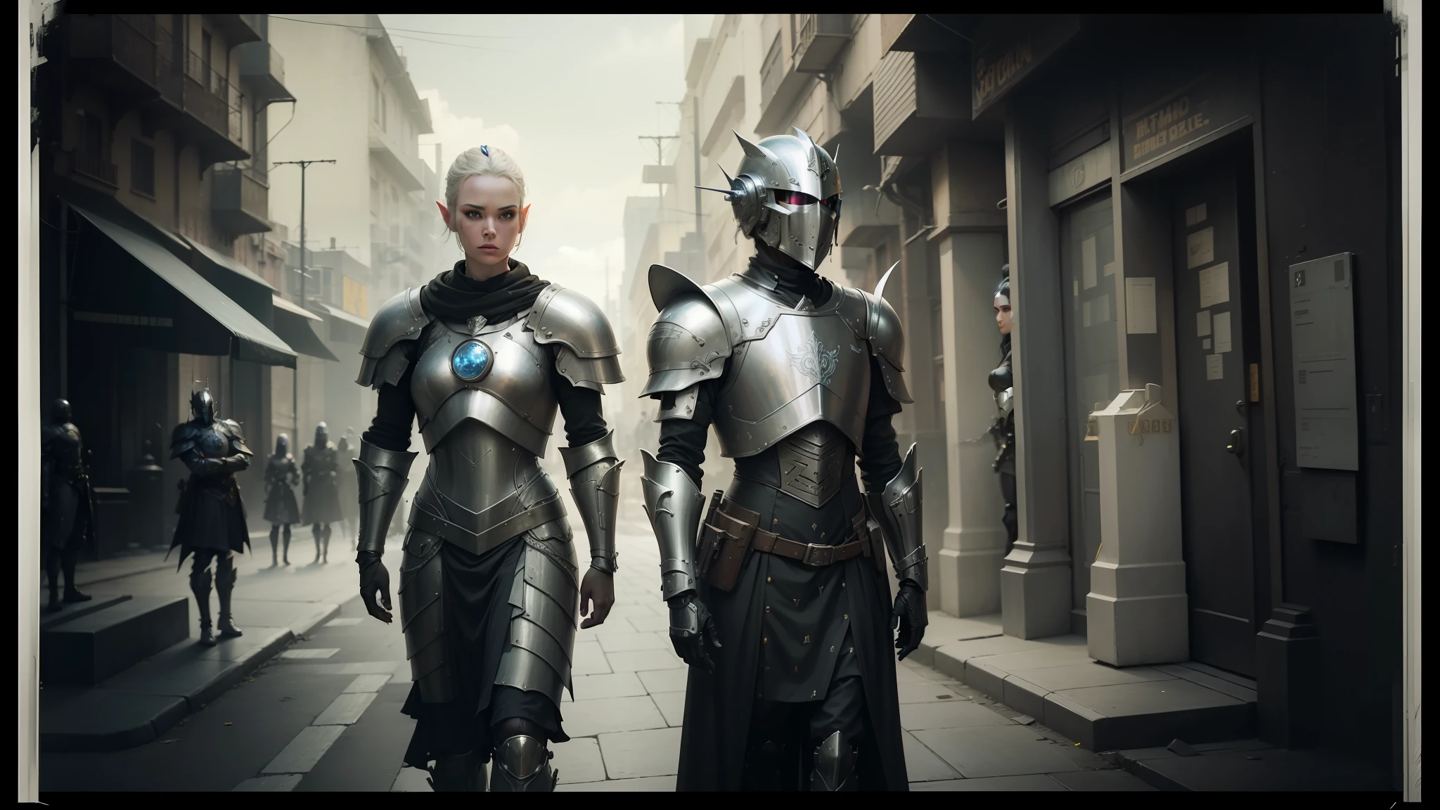 there are two men in armor standing on a street, cyberpunk robotic elvish queen, still from a music video, by David Roberts, tactical squads :9, tin type, two women, character design : : gothic, beautiful female knight, urban patrol, inspired by Laurie Lipton, [ metal ] --auto --s2