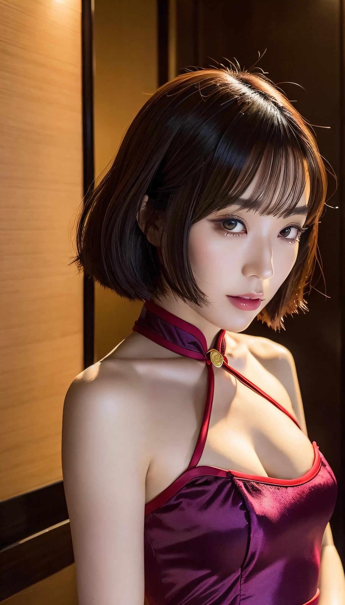 Japan beauty, realistic photo, 25 years old, bob cut hair, cheongsam with slit, luxury hotel, exquisite and smooth details --auto --s2