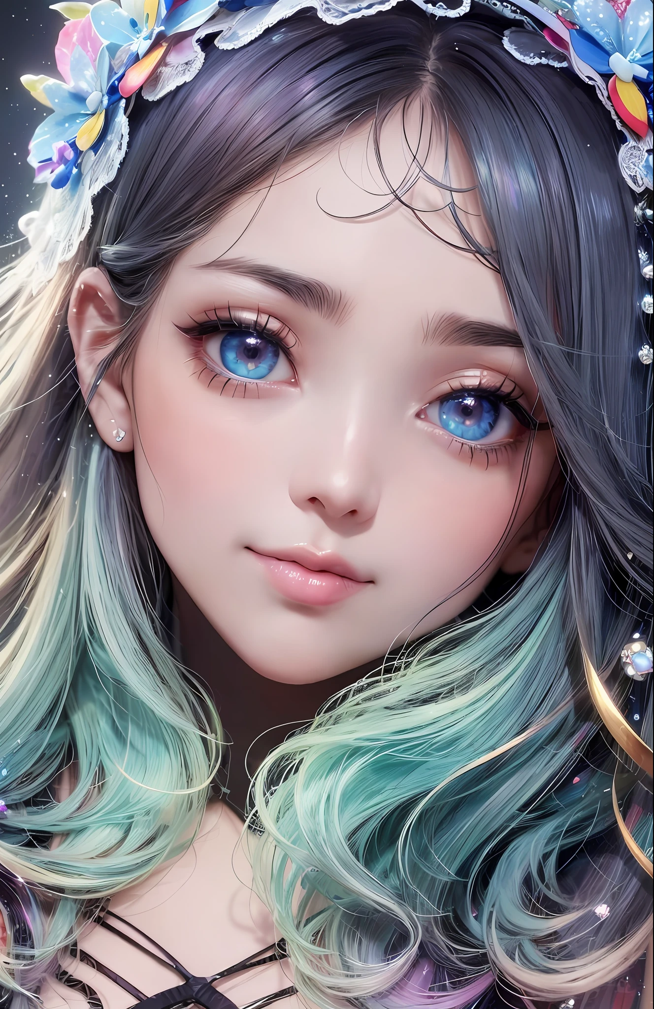 Colorful long hair, hair and rainbow like seven colors, (super high resolution, realistic, best quality, realistic), (8K, original photo, highest quality, masterpiece), (NSFW), (photon mapping, radiosity, physically based rendering, auto white balance), technical sense, top quality, masterpiece, illustration, CG,, wallpaper, official art, amazing, fine detail, very delicate beautiful, very detailed, clear focus, rich background, blurred background, (real person, Photos), (highly detailed skin, visible pores))), her face is like a work of art, all features perfectly balanced and symmetrical. Her eyes were bright blue, and her long, thick eyelashes fanned out like feathers. They are framed by delicately arched eyebrows, giving her a delicate air of wisdom. Her nose is small and straight, and the tip is slightly upturned, giving a playful and mischievous look. Her lips are full and plump, with a sexy and charming natural pouting face. When she smiles, her whole face lights up and you can't help but be captivated by her infectious power. Her skin was like porcelain, smooth and perfect, and the natural glow seemed to come from within. It was as if she was illuminated from within, and the light made her stand out from any crowd. Looking at her, you can't help but be captivated by her beauty, knowing that you will never forget her face. Close-up, large aperture, dreamy background like starry sky