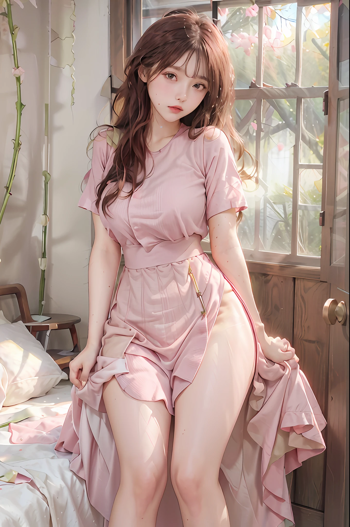 (highest resolution, distinct_image) best quality, woman, masterpiece, highly detailed, semi-realistic, 21 years old, cute, young, beautiful, interior, modern bedroom, window, wake up, morning, blush, thick thighs, wide hips, thin waist, tall, coral, (sweat: 1.2), (wet), sexy, blush, long skirt, wear long skirt, wear pink long dress, pink long skirt, pink t-shirt, pink shirt