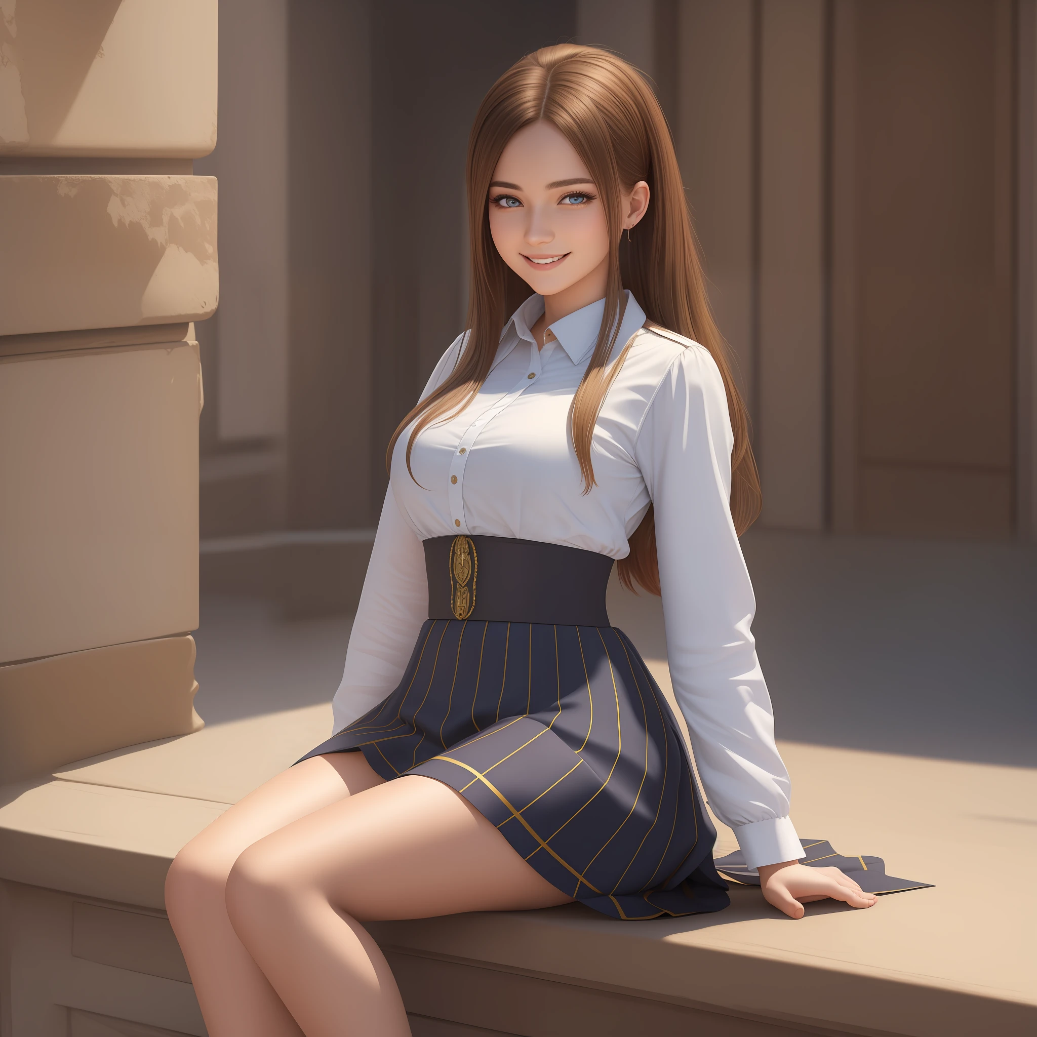 masterpiece), best quality, realistic, ultra-detailed CG, 8k HDR wallpaper, portrait of a beautiful 23-year-old Hungarian girl named Bobungda Tuni, wearing a skirt, full-body pose, eye-catching smile on her face, isolated from the background, alone, single image
