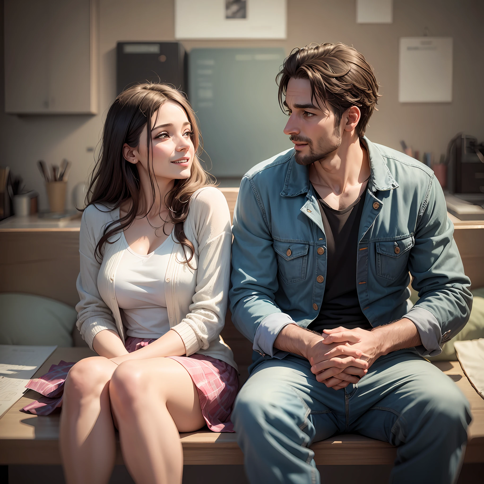 Happy couple, man and woman talking, 38 years old, realistic image --auto --s2