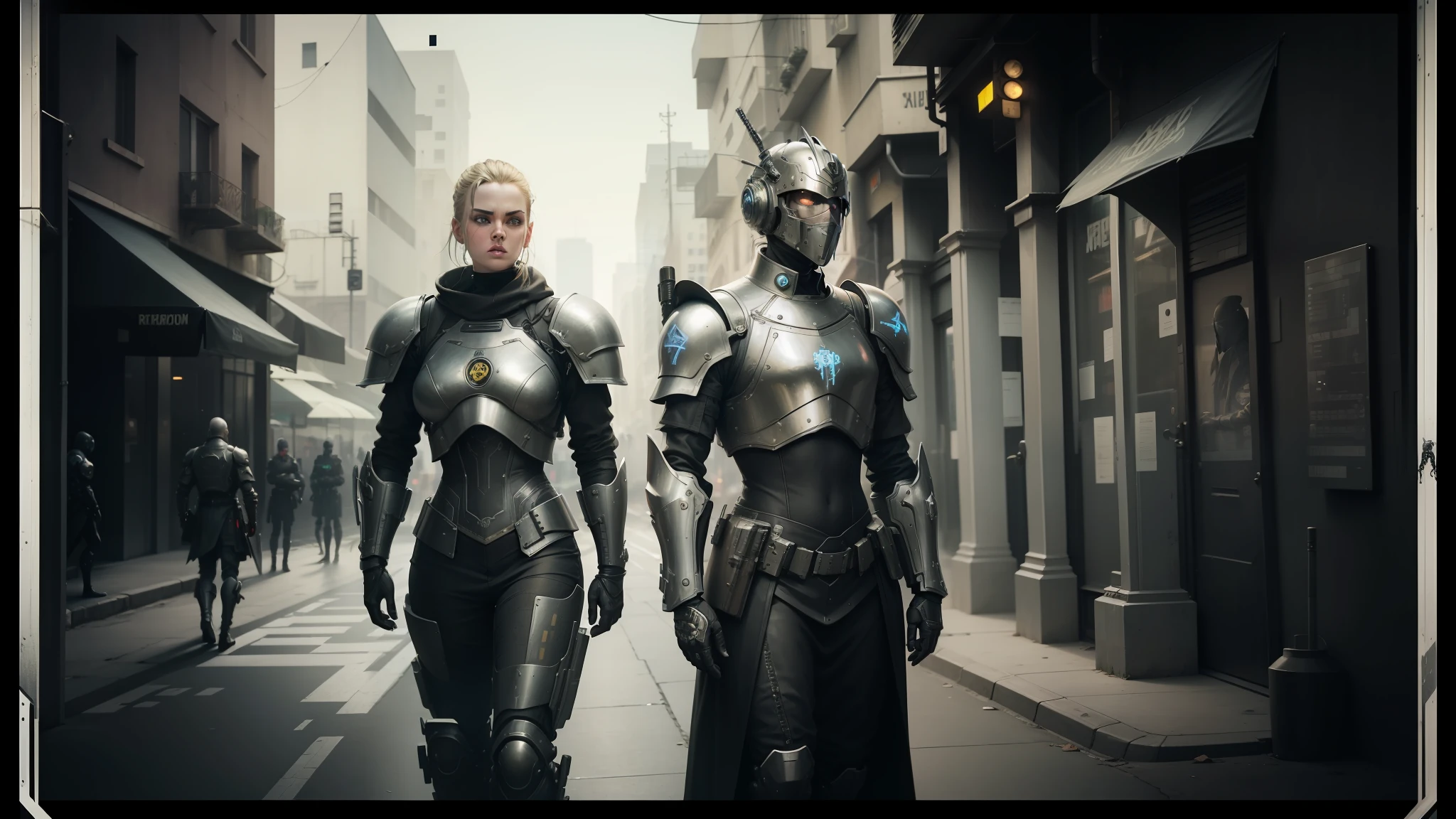 there are two men in armor standing in a street, cyberpunk robotics, still from a music video, by David Roberts, tactical squads :9, can type, two women, character design :: gothic, urban patrol, inspired by Laurie Lipton, [metal ] --auto --s2