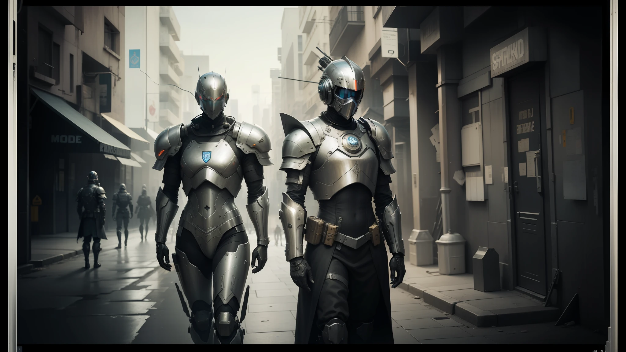 there are two men in armor standing in a street, cyberpunk robotics, still from a music video, by David Roberts, tactical squads :9, can type, two women, character design :: gothic, urban patrol, inspired by Laurie Lipton, [metal ] --auto --s2