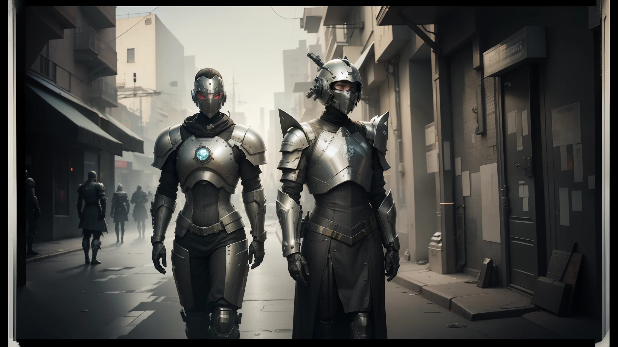 there are two men in armor standing in a street, cyberpunk robotics, still from a music video, by David Roberts, tactical squads :9, can type, two women, character design :: gothic, urban patrol, inspired by Laurie Lipton, [metal ] --auto --s2