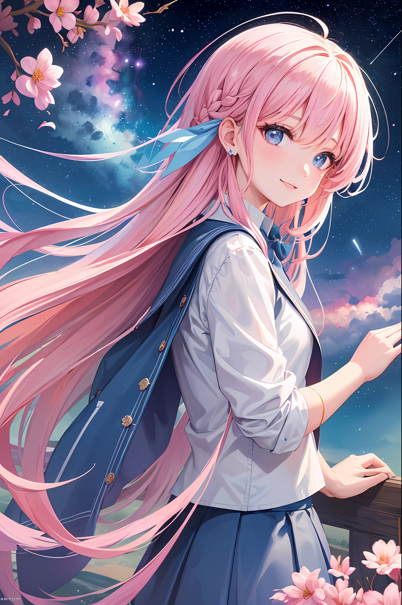 (Masterpiece, Top Quality, Best Quality, Watercolor (Medium), Official Art, Beautiful and Aesthetic: 1.2), (1 Girl: 1.3), (Fractal Art: 1.3), Upper Body, From the Side, Watching the Viewer, Pattern, (Iridescent Hair, Colorful Hair, Half Blue and Half Pink Hair: 1.2), Water, Liquid, Clouds, Colorful, Starry Sky, Stars, School Uniform, Smile, Halo, Meteor, Bouquet, Blue Eyes, Red Eyes