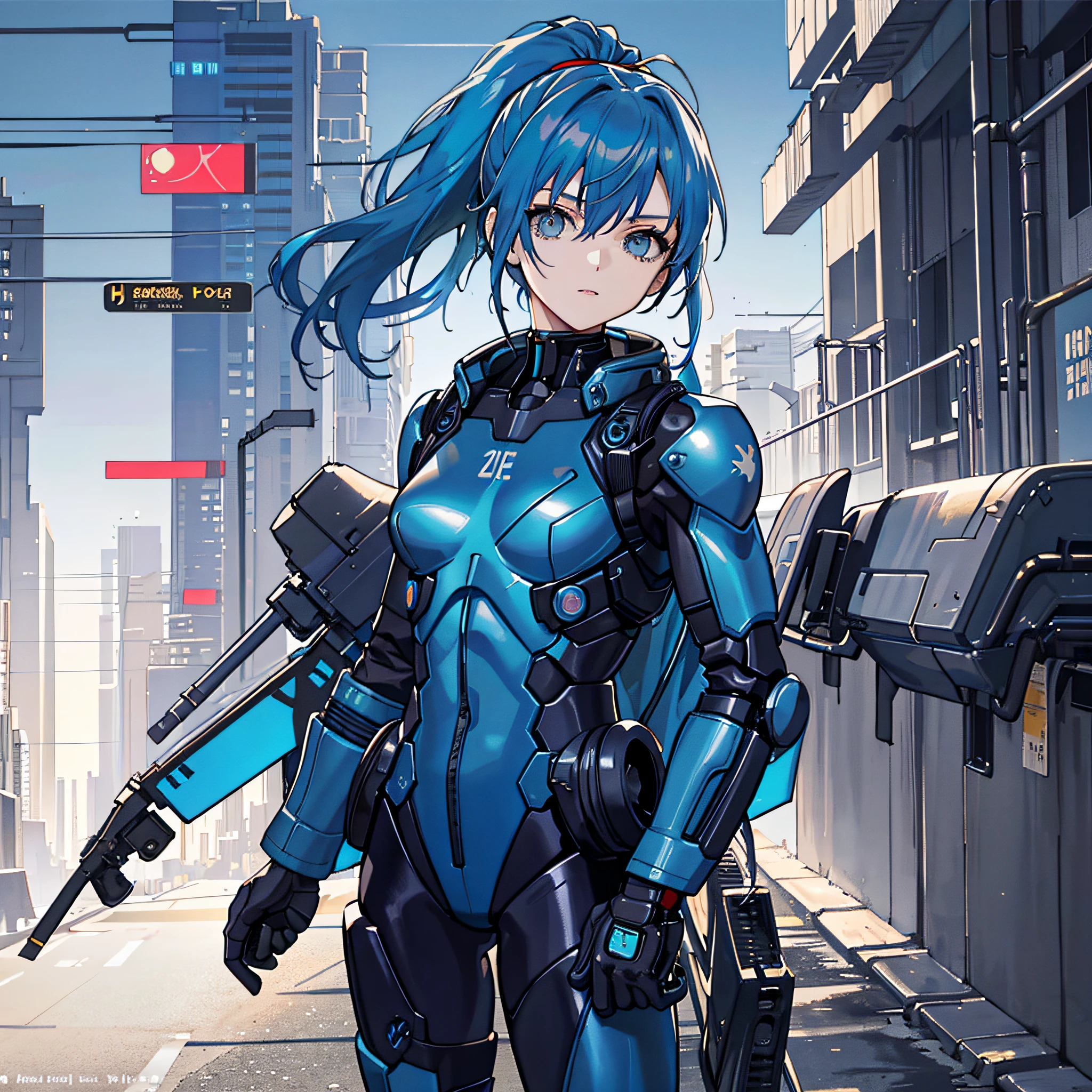 Blue Hair, Masterpiece, Best Quality, One Girl, Middle, (((Album Cover)), Light on Face, Slim Body, Blue Costume, Exoskeleton, Metal Gear, Cyberpunk Style, High Ponytail, Gundam