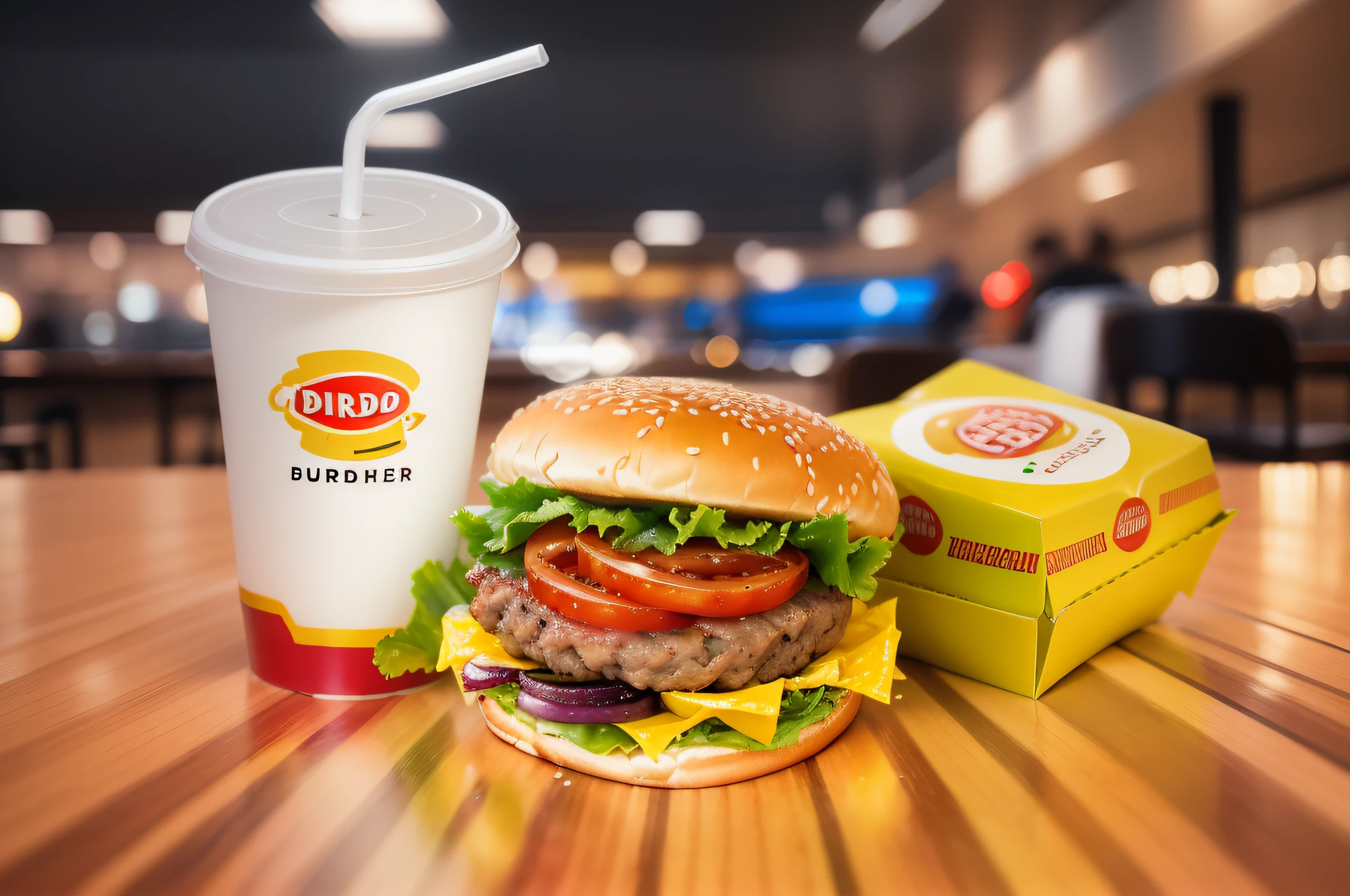 "(lighted diner, paper cup and straw, foreground burger, delicious and juicy, yellow packing box, fast food) --size 2" --auto --s2