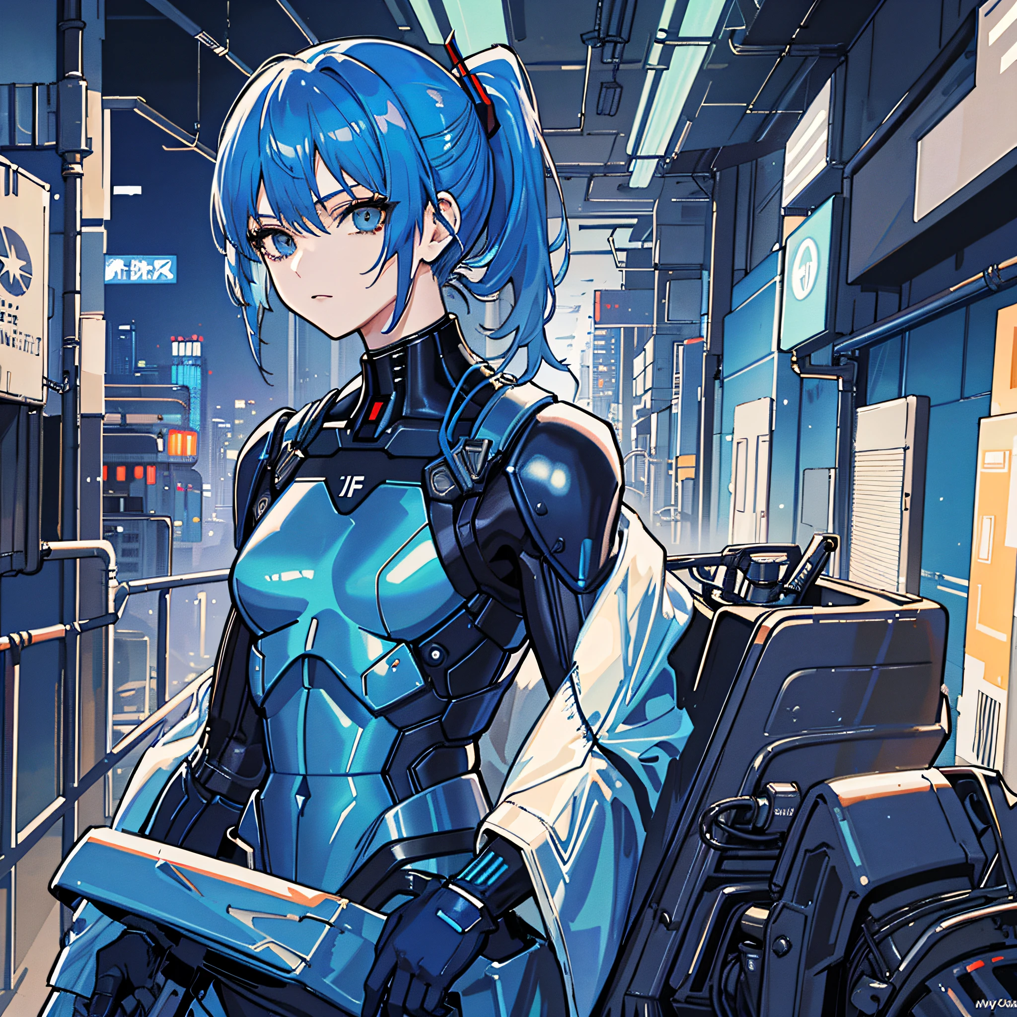 Blue Hair, Masterpiece, Best Quality, One Girl, Middle, (((Album Cover)), Light on Face, Slim Body, Blue Costume, Exoskeleton, Metal Gear, Cyberpunk Style, High Ponytail, Gundam