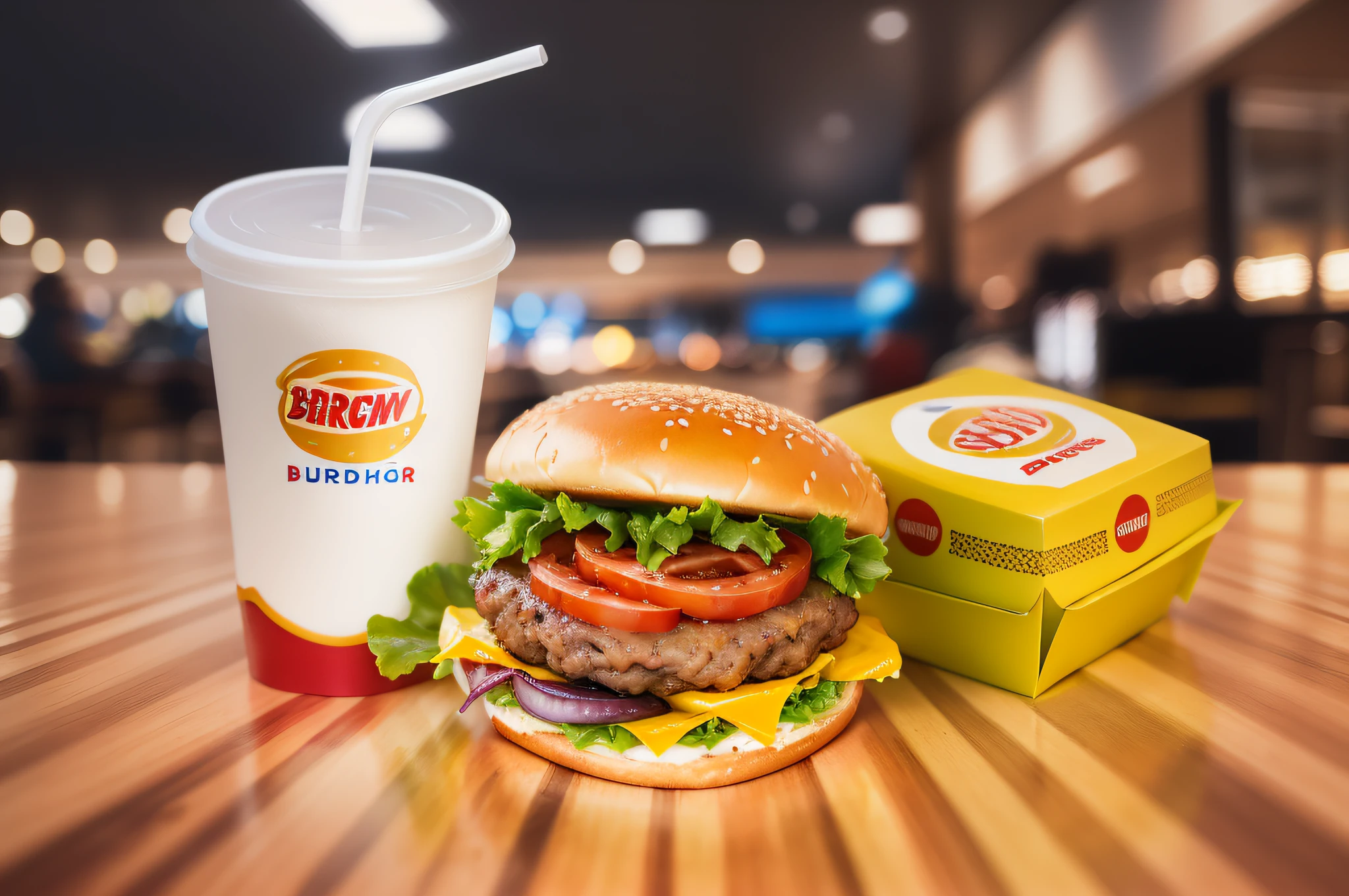 "(lighted diner, paper cup and straw, foreground burger, delicious and juicy, yellow packing box, fast food) --size 2" --auto --s2