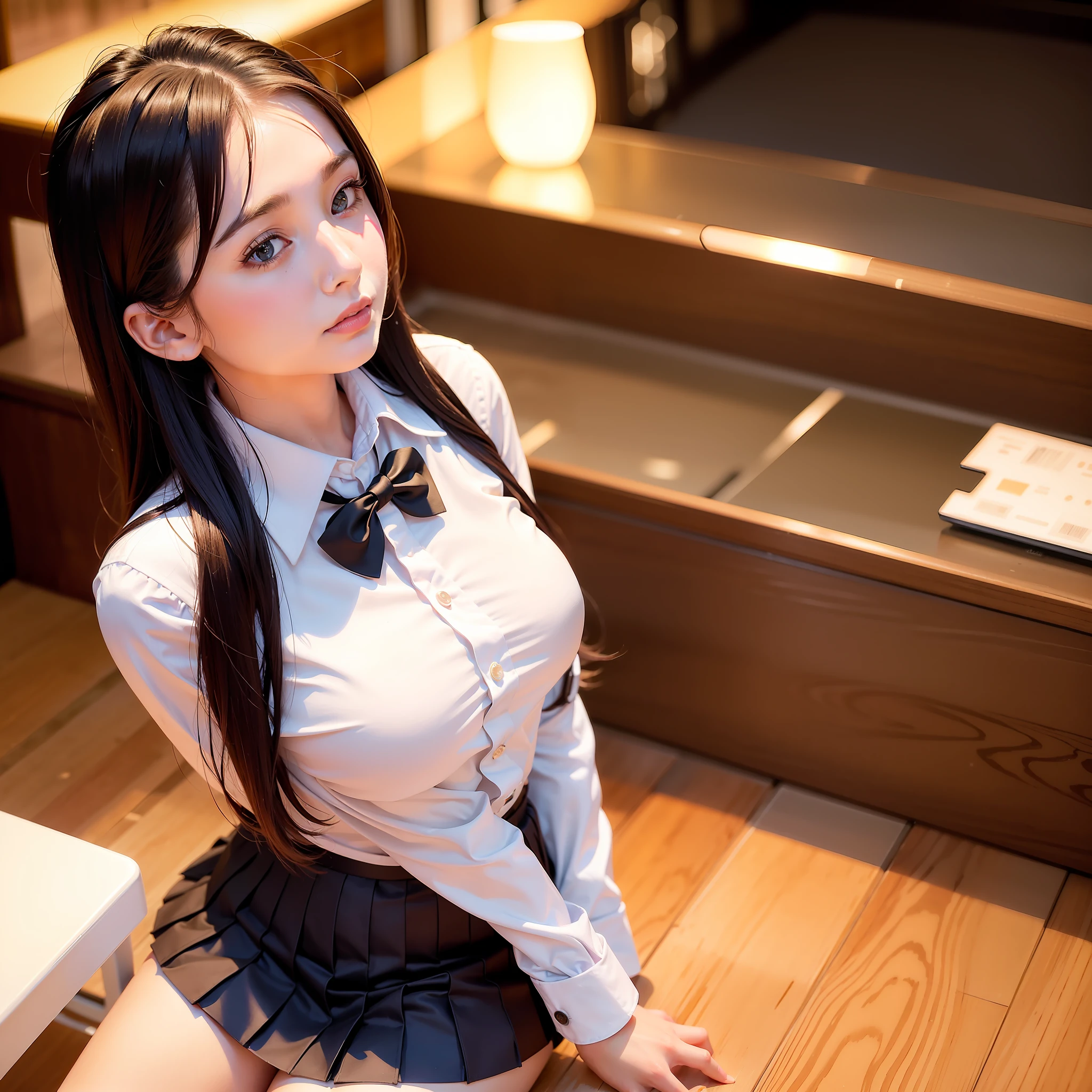1 girl, (8k, RAW photo, best quality, masterpiece: 1.2), (realistic, photo-realistic: 1.37), ultra-detailed, beautiful, solo, beautiful detailed sky, detailed coffee, night, sitting, (flushed nose), (smile: 1.1), medium breasts, beautiful detailed eyes, long brown hair, (collared shirt: 1.1), bow tie, pleated skirt, (short hair: 1.2), long hair, taking big ice cream,