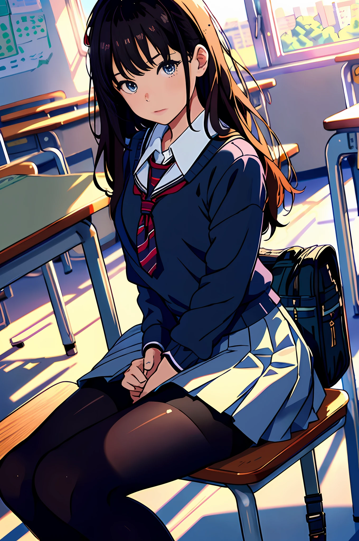 masterpiece, best quality, super detailed, illustration, colorful, falt color, depth of field, lens flare, 1girl, anime, sitting, brunette, looking at viewer, school, classroom, pleated miniskirt, school uniform, serafuku, black Pantyhose, detailed skin texture, detailed cloth texture, beautiful and detailed face,