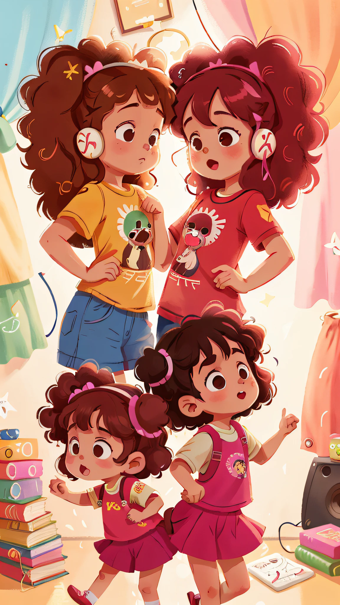 Two girls, twins, curly brown hair, listening to music and dancing