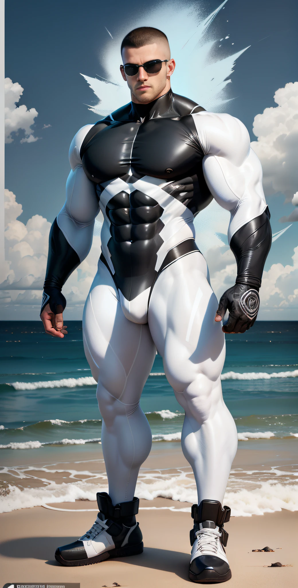 Allad man in white and black clothes standing on the sunny seashore, American round head, Buzz Cut, tall and burly, muscular male hero, heroic male pose, muscular! Wearing black sunglasses, spandex tight high elastic bodysuit, super buff and cool, high resolution committee, character design police, black army boots, charismatic strong male with spandex tight high elastic bodysuit