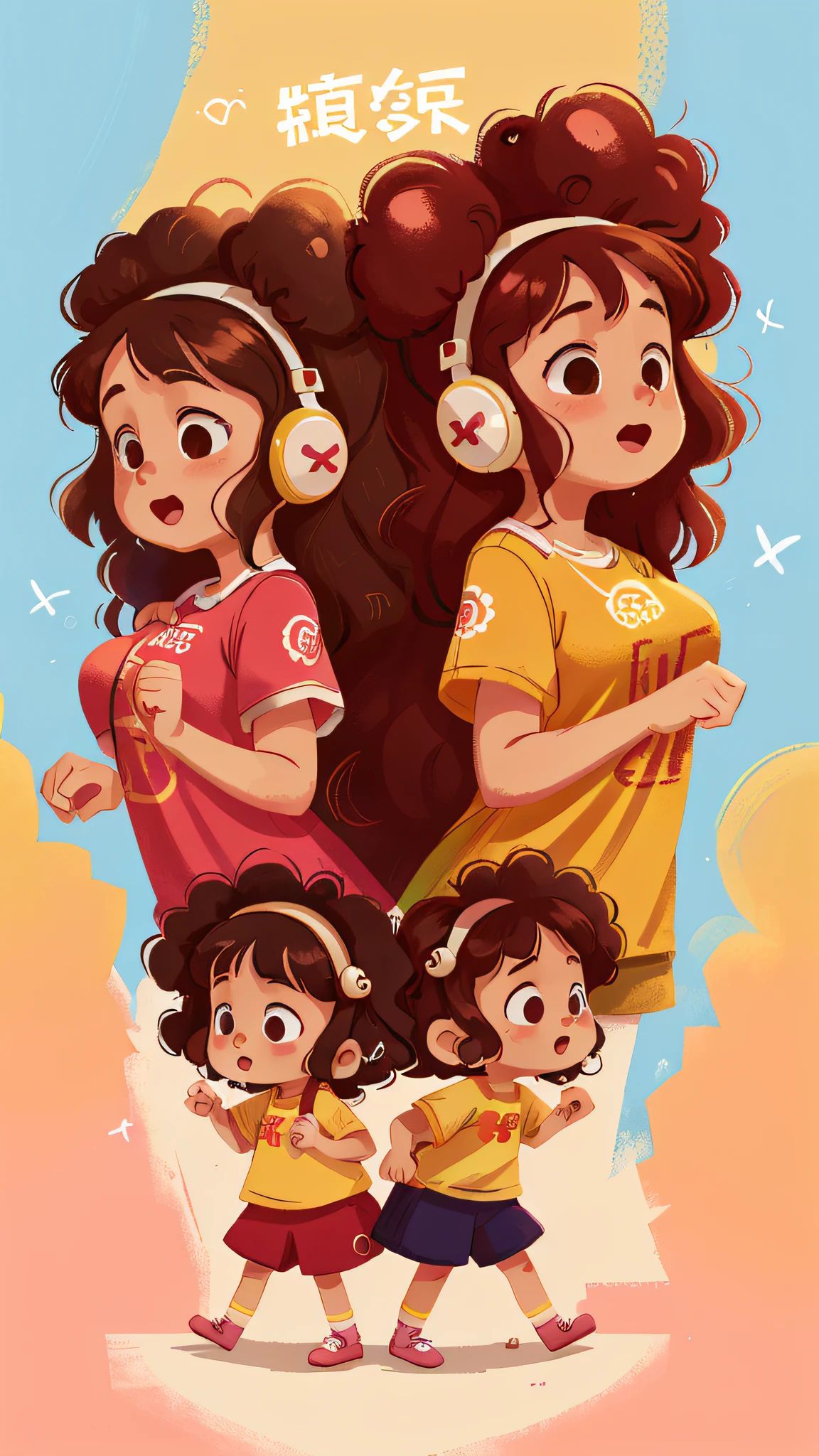 Two girls, twins, curly brown hair, listening to music and dancing