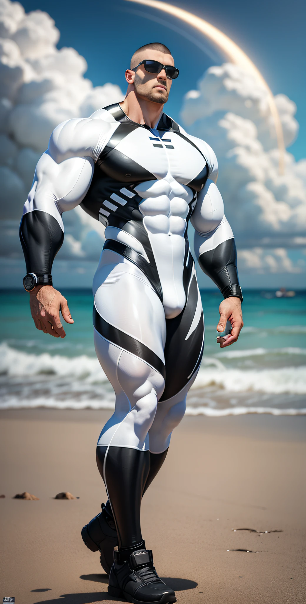 Allad man in white and black clothes standing on the sunny seashore, American round head, Buzz Cut, tall and burly, muscular male hero, heroic male pose, muscular! Wearing black sunglasses, spandex tight high elastic bodysuit, super buff and cool, high resolution committee, character design police, black army boots, charismatic strong male with spandex tight high elastic bodysuit