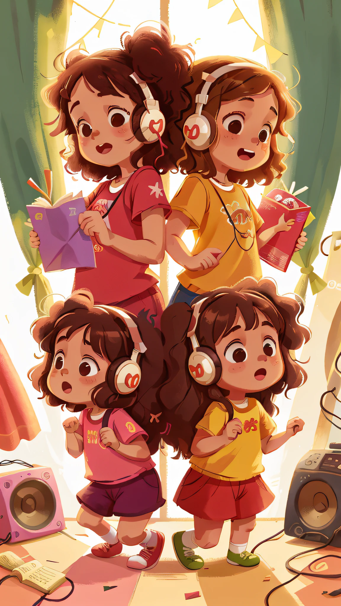Two girls, twins, curly brown hair, listening to music and dancing