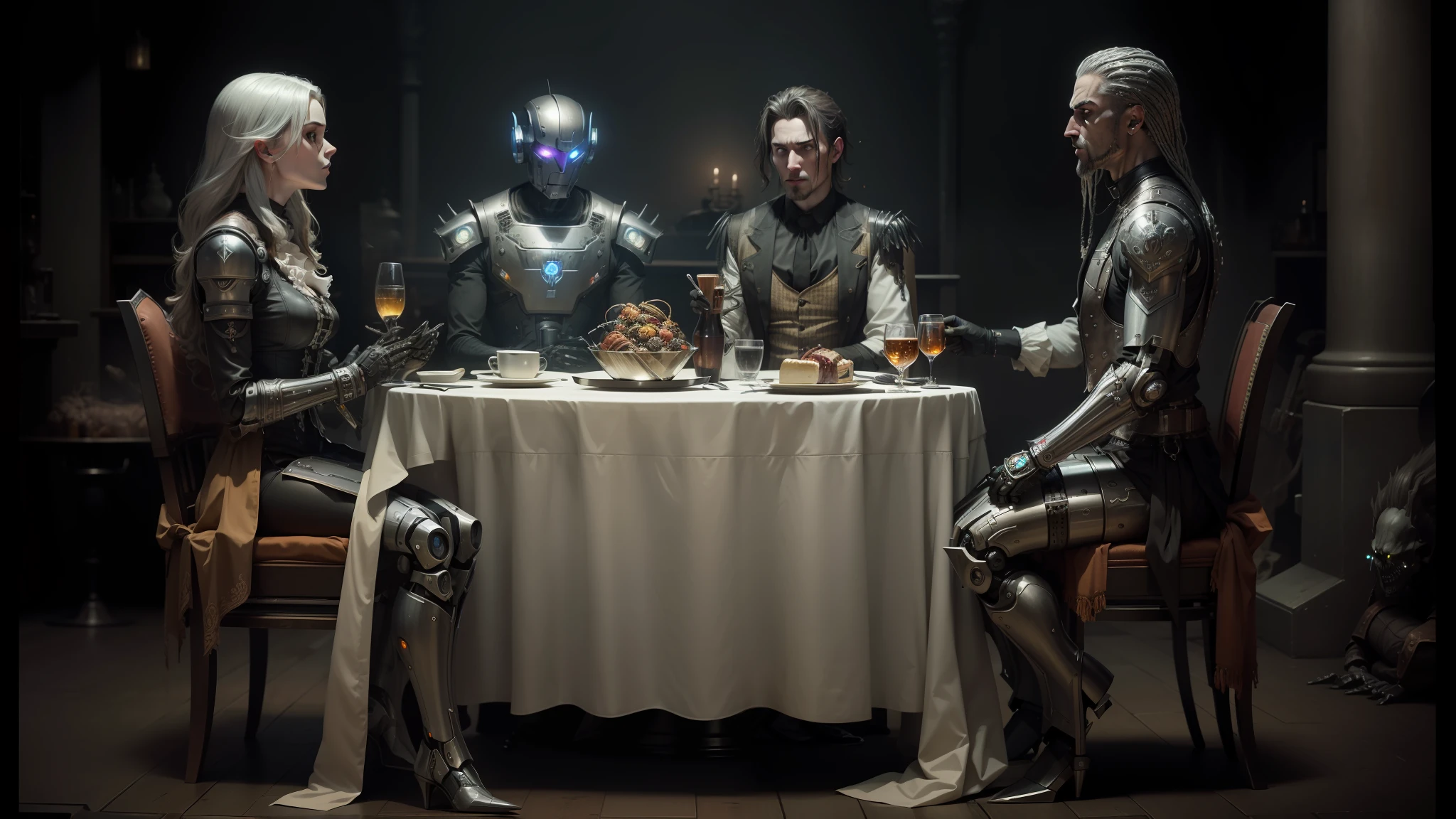 three people sitting at a table with a table cloth covered in silver, movie still of a villain cyborg, animatronic, intricate gothic bones and meat, ( ( robot cyborgs )  d),iscord, still image from the movie, by Antoni Brodowski, vests and corsets, spectral evolution, at a dinner table, # sci - fi, cybersteampunk --auto --s2