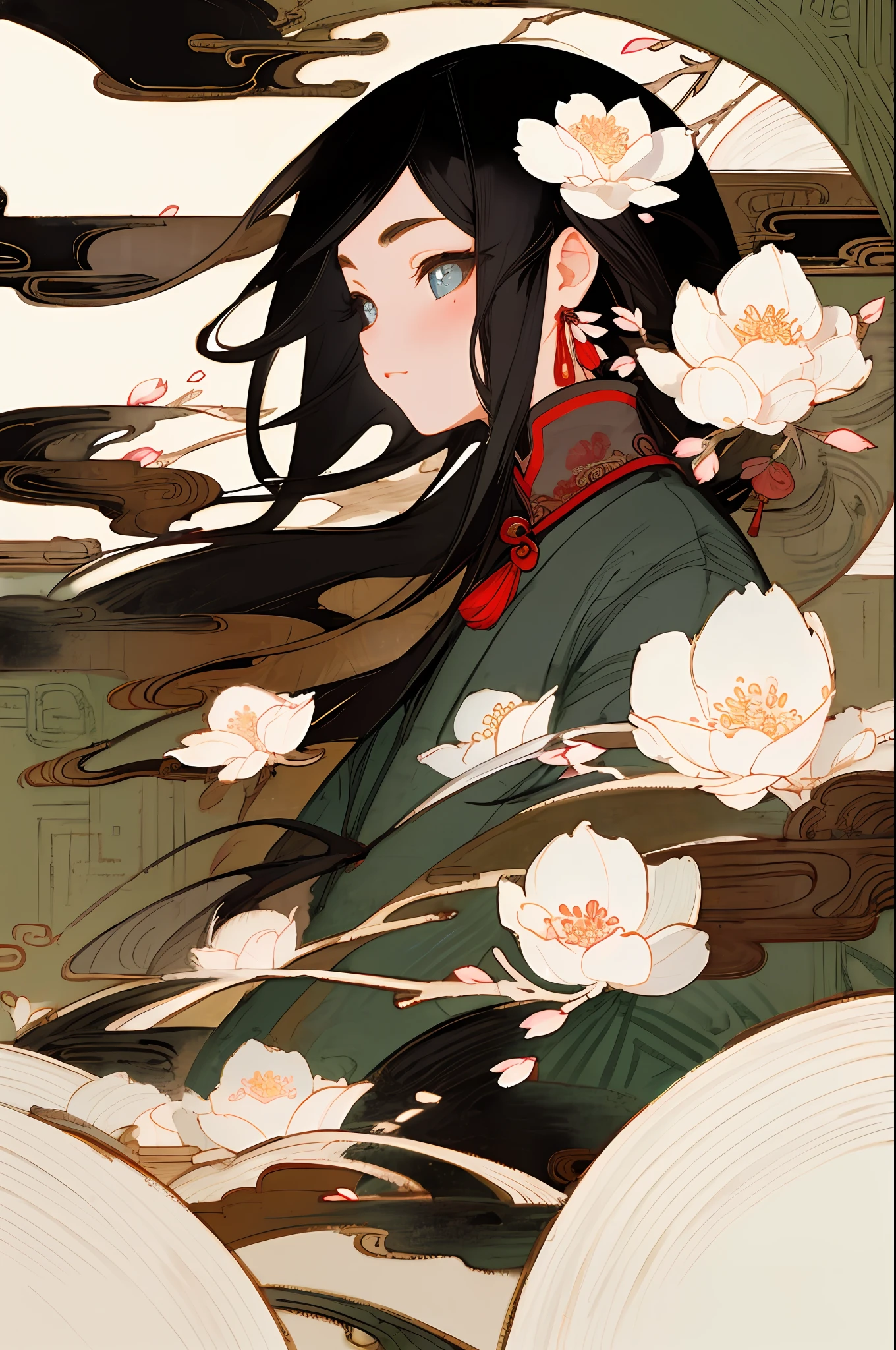 masterpiece, high quality, highly detailed, (rim lighting, spot lighting:0.75), ((good anatomy)), 1girl, (finely detailed face and beautiful eyes), oriental, solo, close up, blossomed flower, innocent eyes expressions, black hair, traditional Chinese ink painting, advanced color scheme, rich background, illustration, petals, Chinese style,