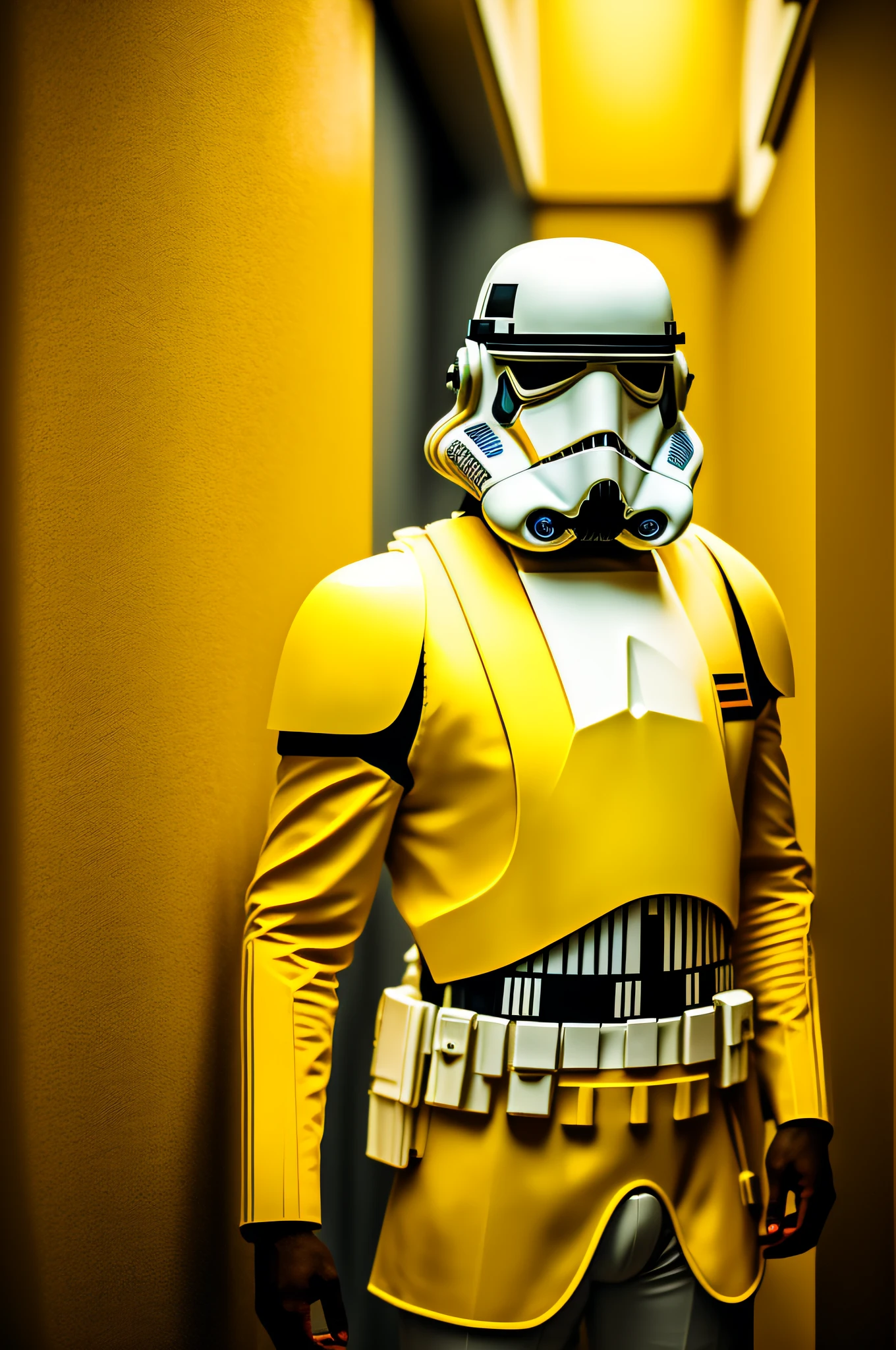 Stormtrooper, wearing business suit with yellow tie, portrait, photography, in a futuristic hallway