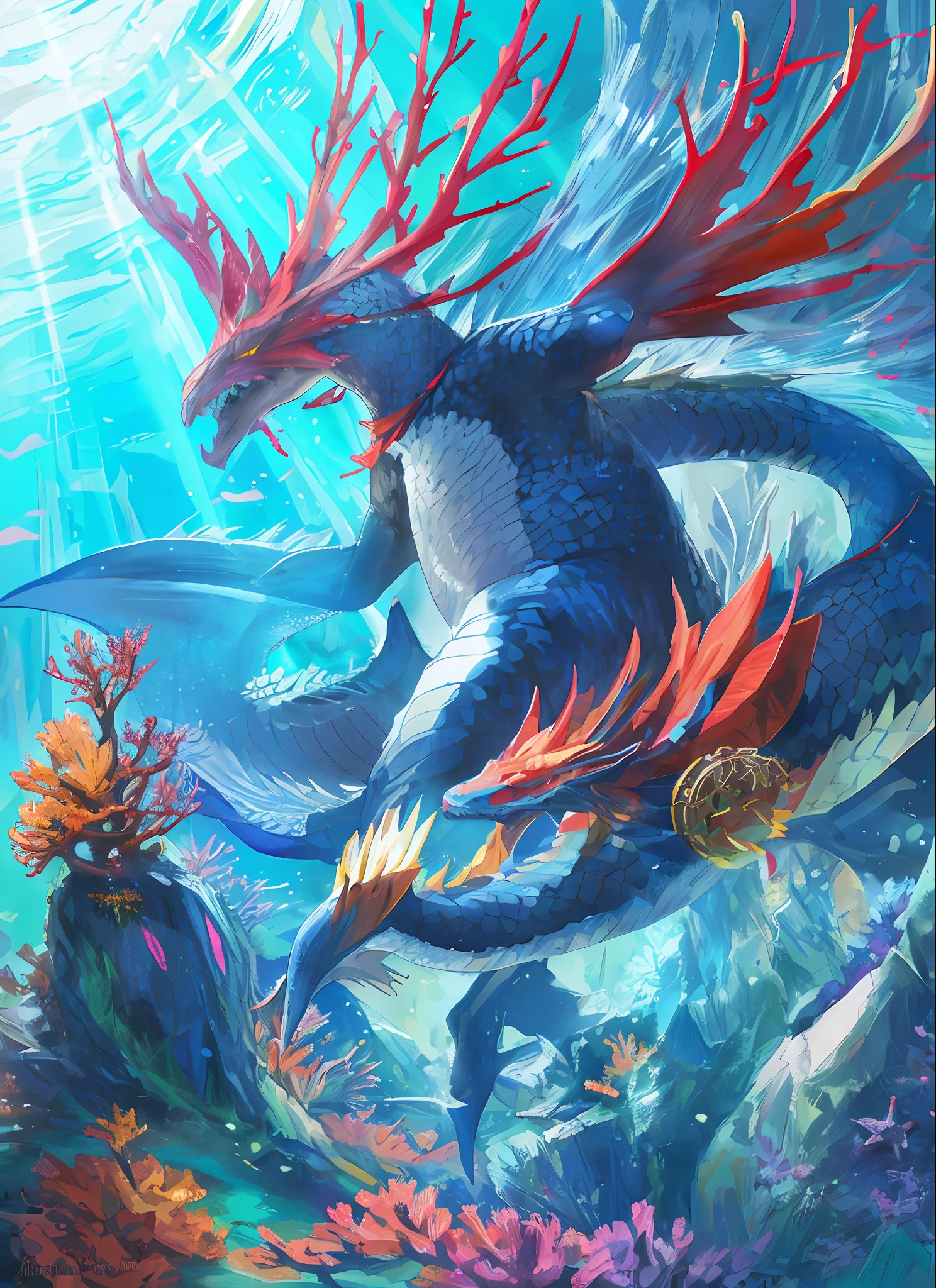 A fantastic dragon with fins on its hands and feet Electric leakage Under the sea Coral reef
