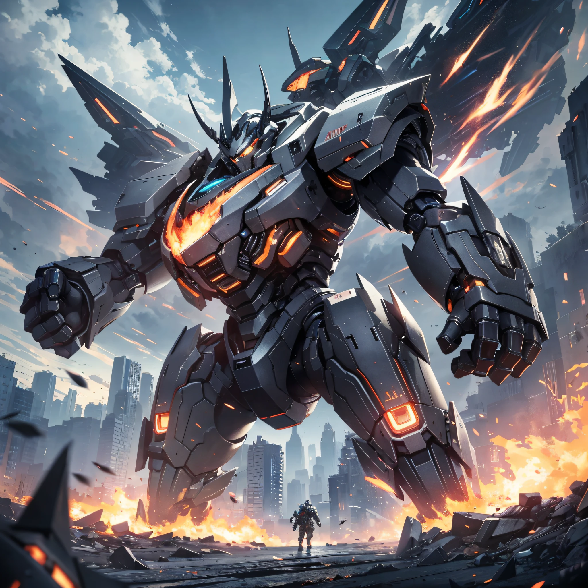 Absurd resolution, high resolution, (masterpiece: 1.4), hyper-detail, night, a mech, black armor, combat, monsters, attack, fire, shock, wave your fist (1.4)