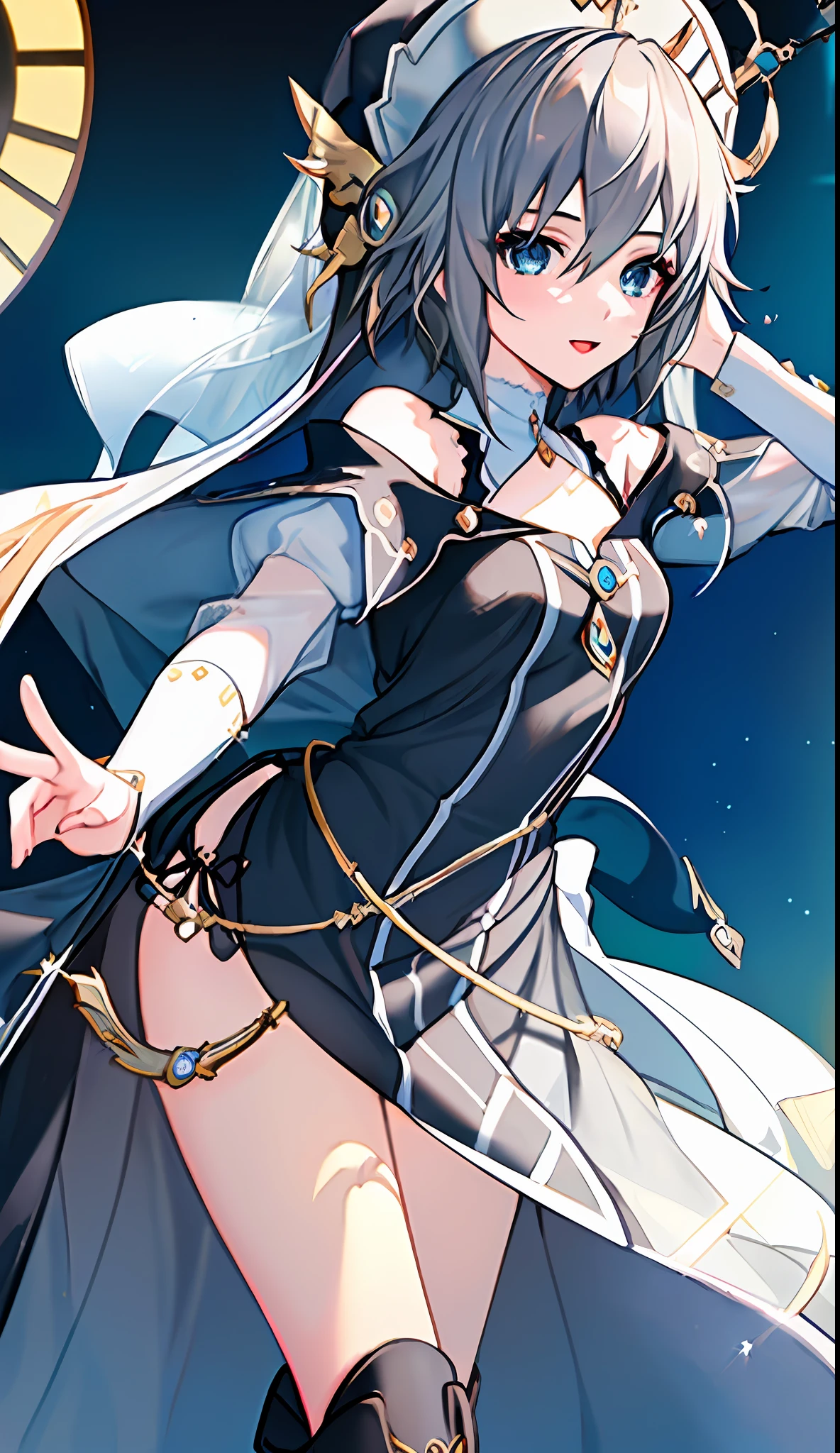 18 year old beautiful girl, ((((Masterpiece)))), (((Best quality)))), (((Very detailed))), detailed fingers, Precise fingers, Non-unnatural hands, Gold hair ornament, White Sister hat, illustration, Black Sister veil, Black knee-high boots, Black monastic dress, NIA, Dynamic Pose