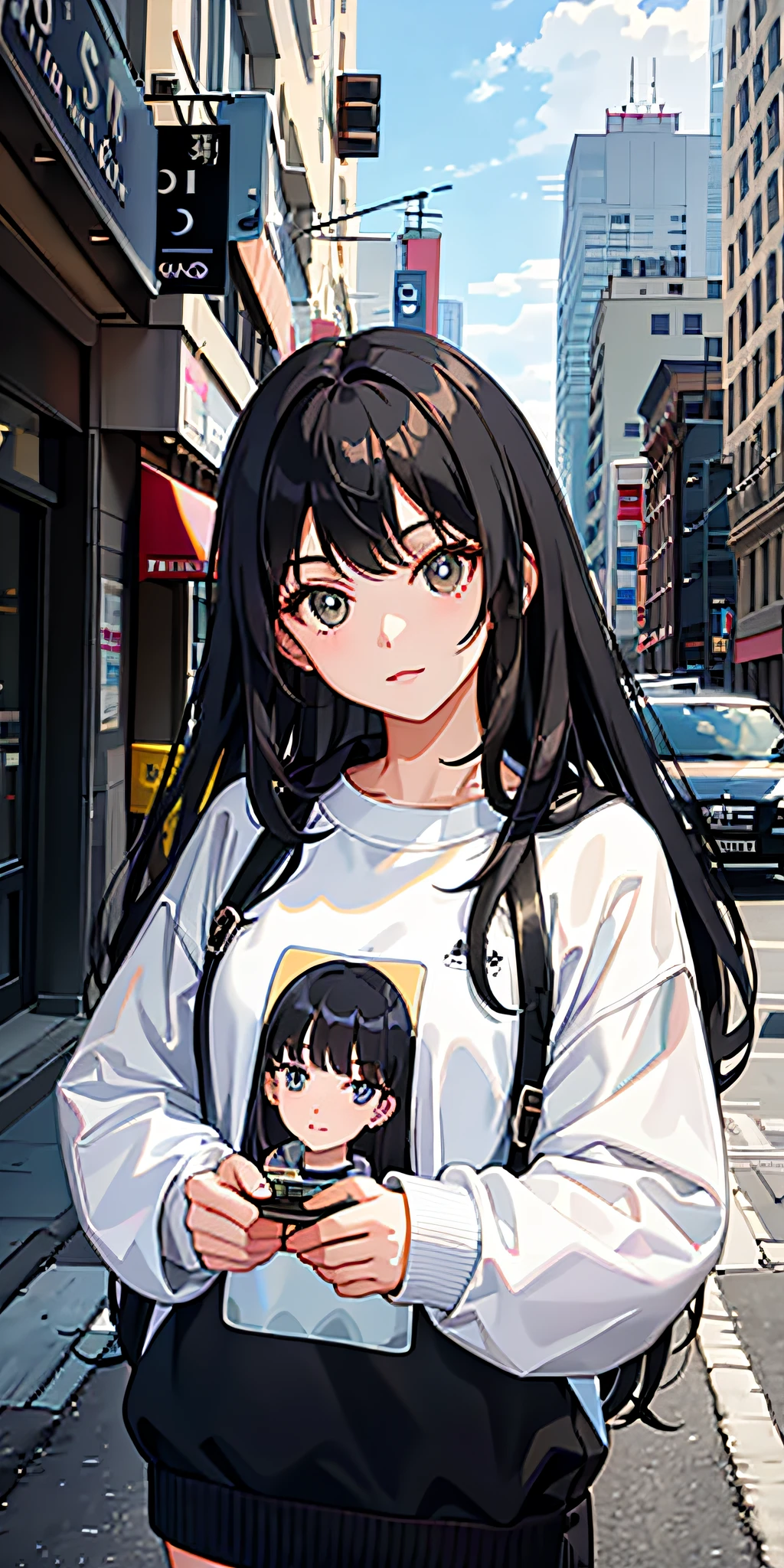 Black-haired 19-year-old girl wearing a sweatshirt, masterpiece-level picture is detailed and eye-catching.