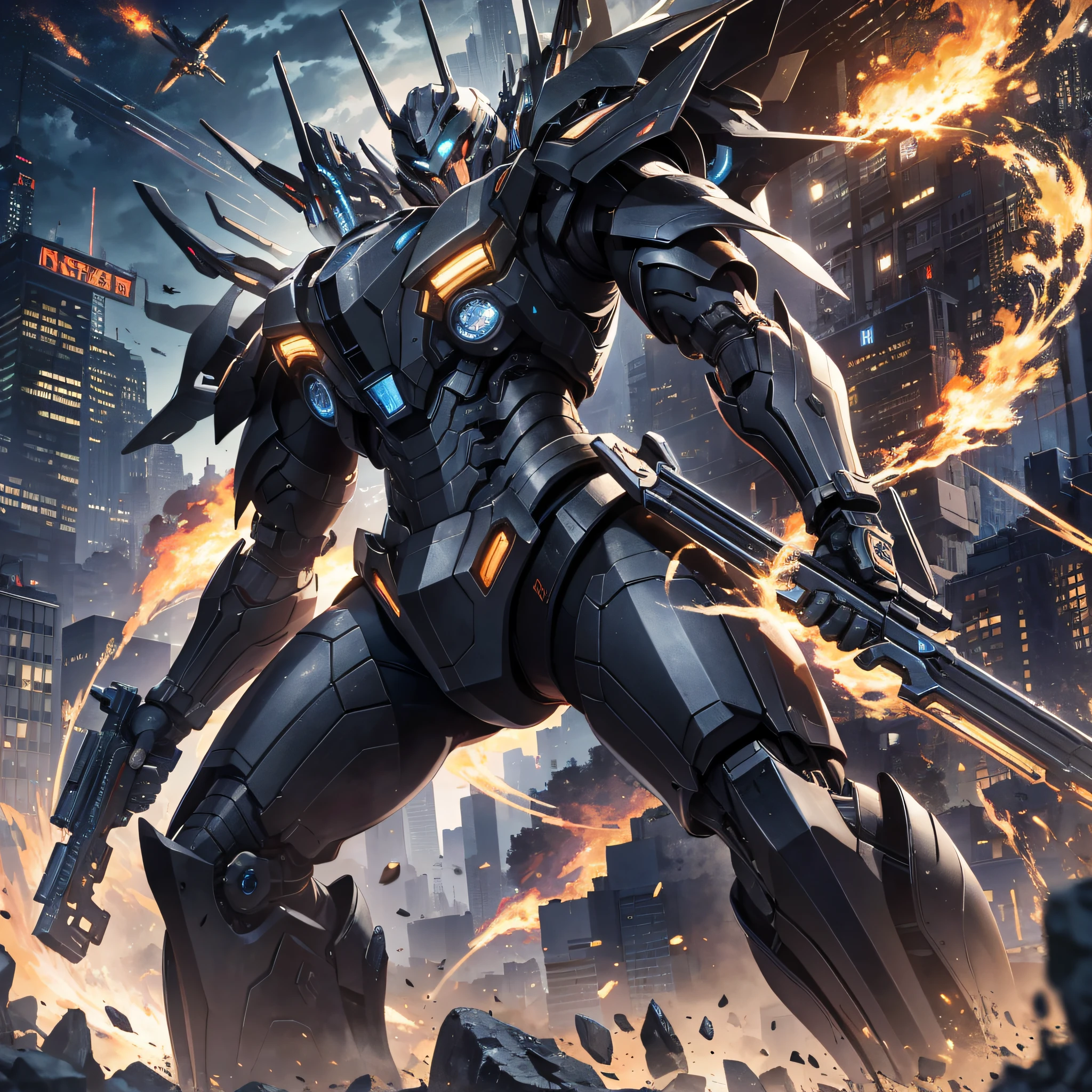 Absurd resolution, high resolution, (masterpiece: 1.4), hyper-detail, night, a mech, black armor, combat, monsters, attack, fire, shock, wave your fist (1.4)