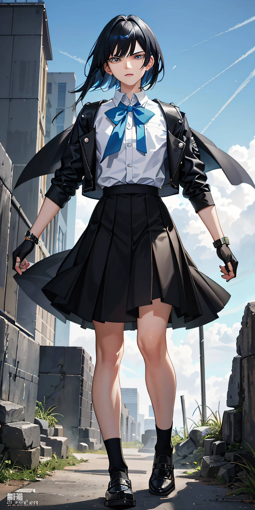 A 19-year-old boy with black and blue hair wears a skirt with an angry expression, and the masterpiece-level picture is detailed and beautiful.