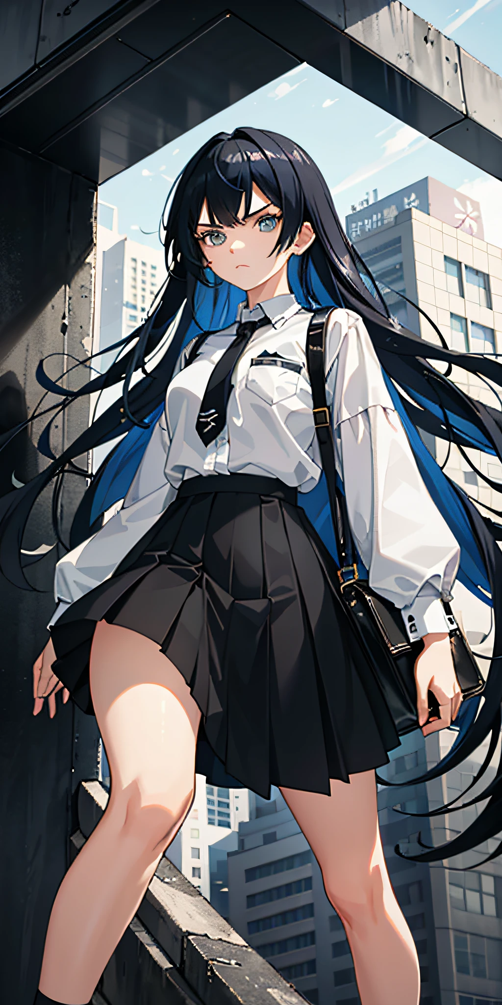 A 19-year-old girl with black and blue hair wearing a skirt with an angry expression, and the masterpiece-level picture is detailed and delicate.