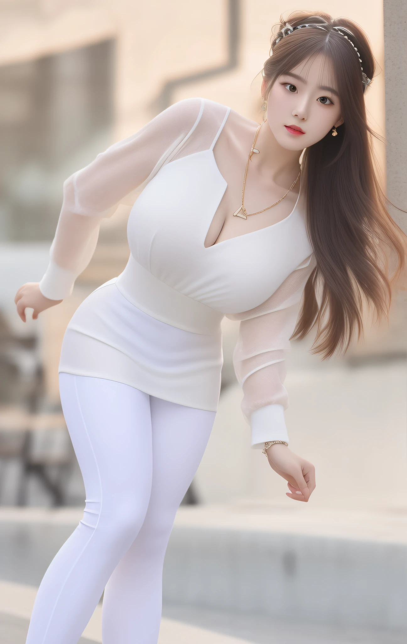 Best Quality, Masterpiece, High Resolution, 1 Girl, Porcelain Dress, Hair Accessories, Necklace, Jewelry, Beautiful Face, Physics, Tyndall Effect, Realism, Dark Studio, Edge Lighting, Two-tone Lighting, (High Detail Skin: 1.2), 8k UHD, DSLR, Soft Light, High Quality, Volumetric Light, Voyeur, Photo, High Resolution, 4K, 8K, Background Blur, Big Bust, Full Body, Long Legs, High Heels, White Leggings, Refined Face