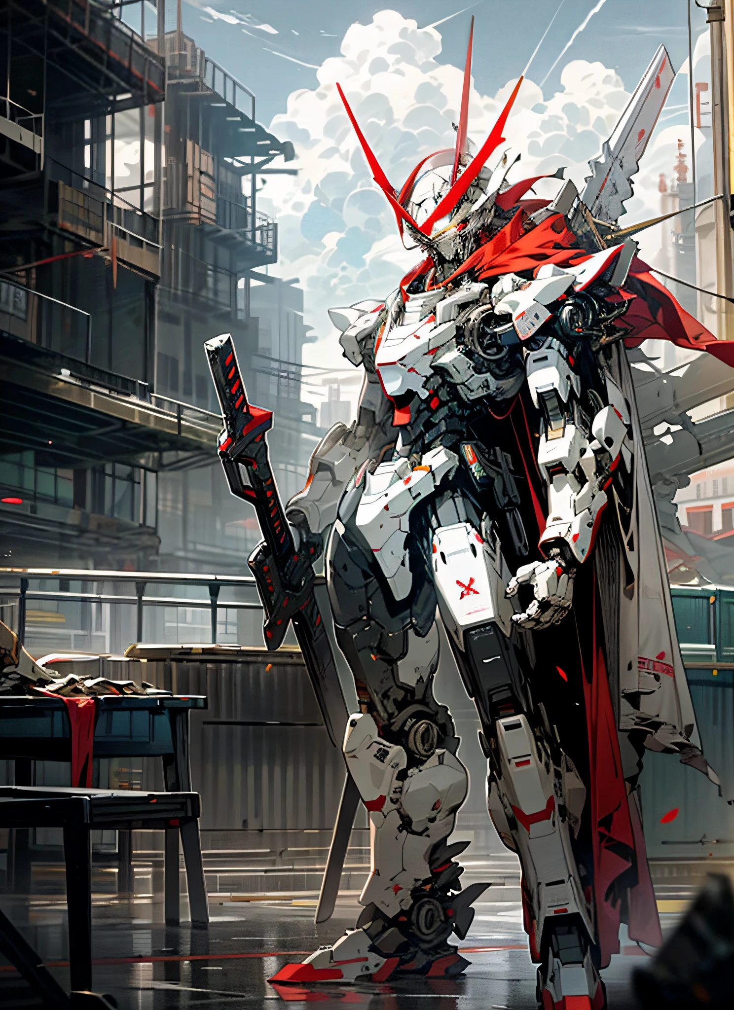 Sky, clouds, holding_weapon, no_humans, luminous, giant robot, red and white color scheme, horns on helmet, broken cape, standing on the earth, facing the camera, architecture, glowing_eyes, mecha, science fiction, city, reality, mecha