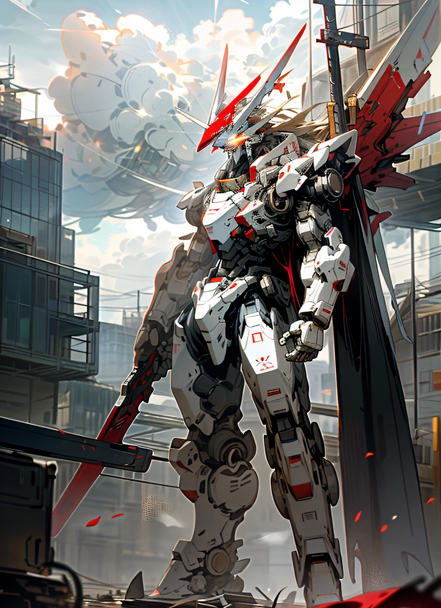 Sky, clouds, holding_weapon, no_humans, luminous, giant robot, red and white color scheme, horns on helmet, broken cape, standing on the earth, facing the camera, architecture, glowing_eyes, mecha, science fiction, city, reality, mecha