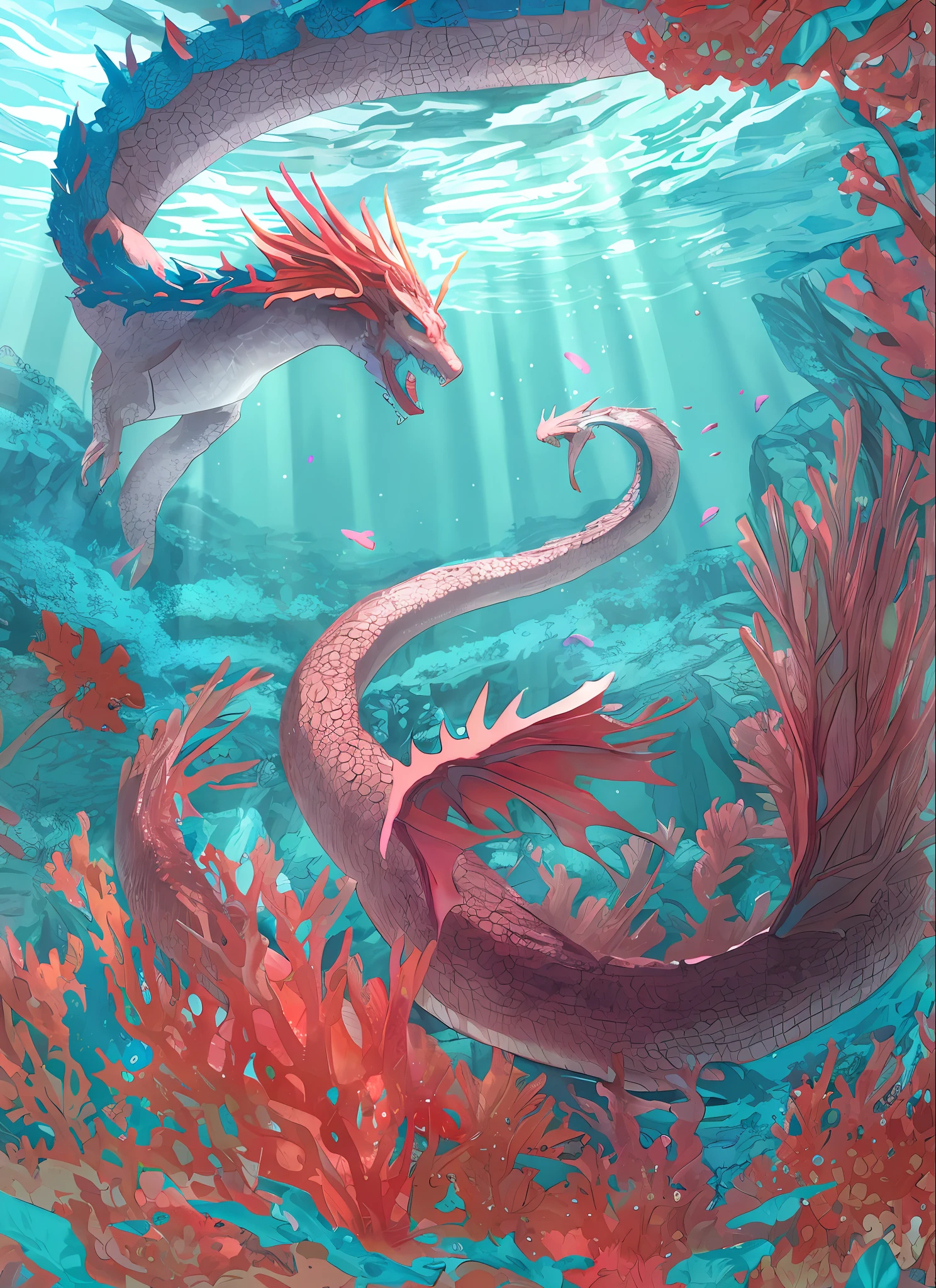 (Fantastic dragon swimming underwater) Beautiful scales Under the sea Coral reef Standing gracefully