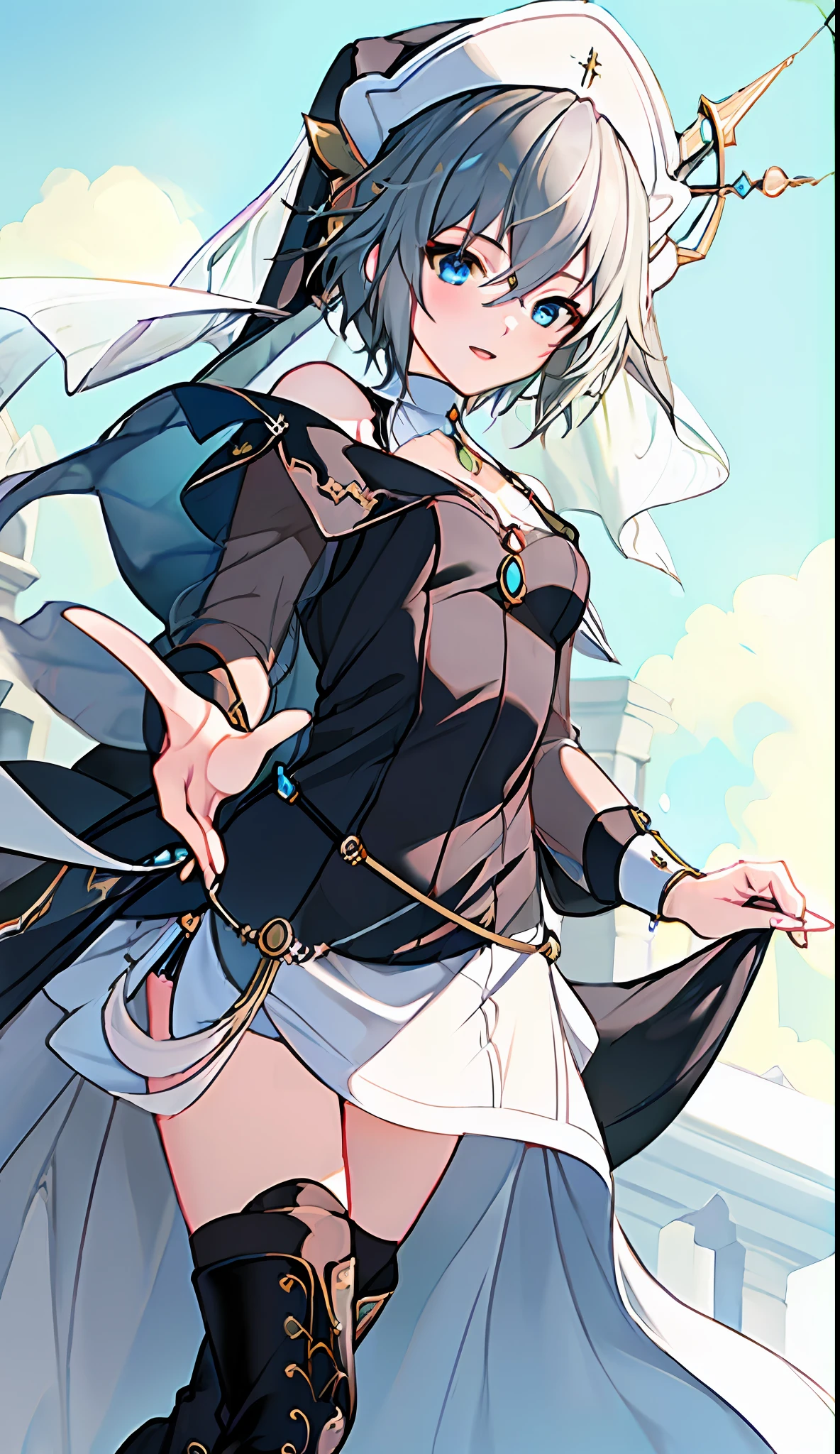 18 year old beautiful girl, ((((Masterpiece)))), (((Best quality)))), (((Very detailed))), detailed fingers, Precise fingers, Non-unnatural hands, Gold hair ornament, White Sister hat, illustration, Black Sister veil, Black knee-high boots, Black monastic dress, NIA, Dynamic Pose