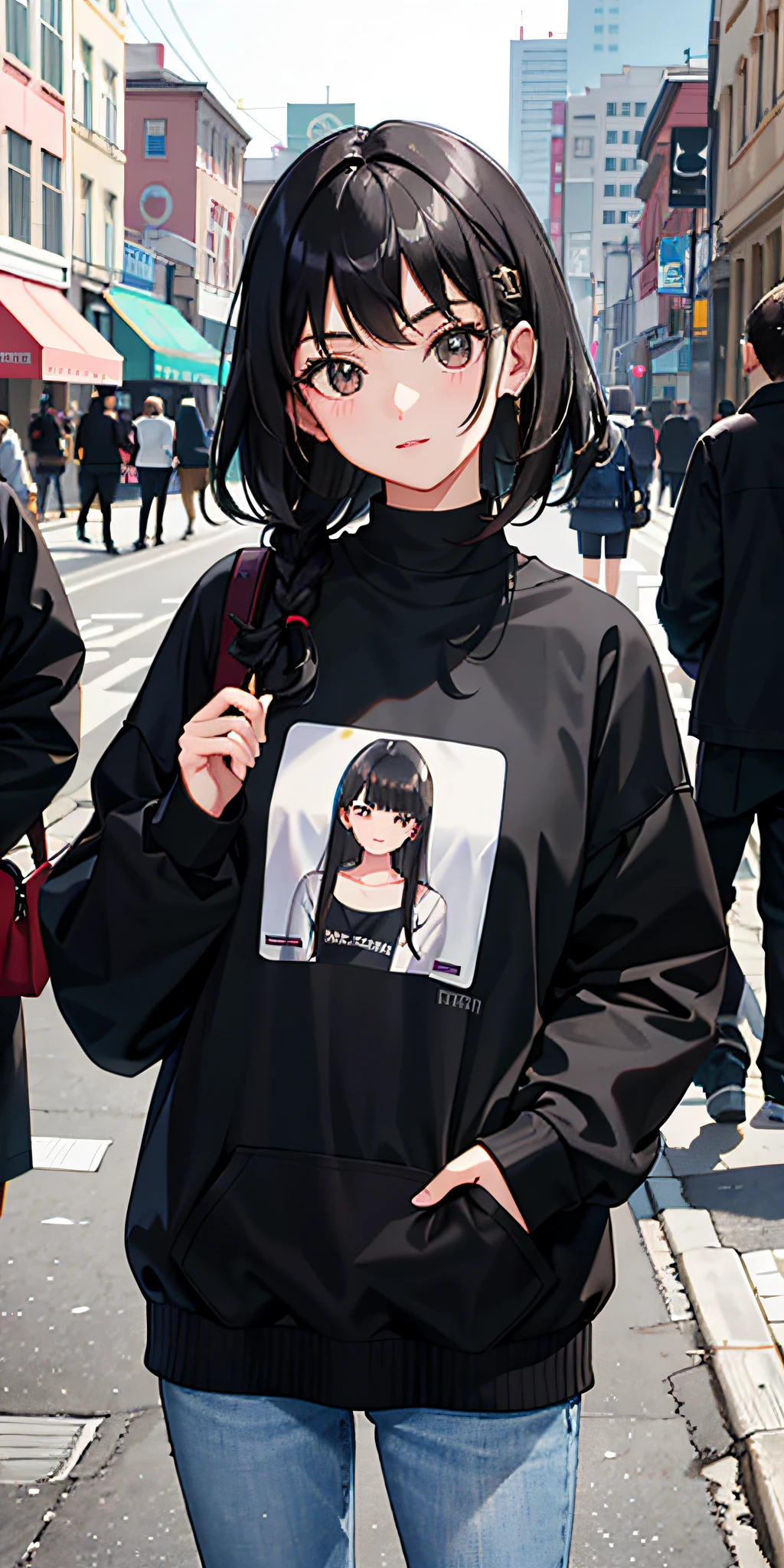 Black-haired 19-year-old girl wearing a sweatshirt, masterpiece-level picture is detailed and eye-catching.