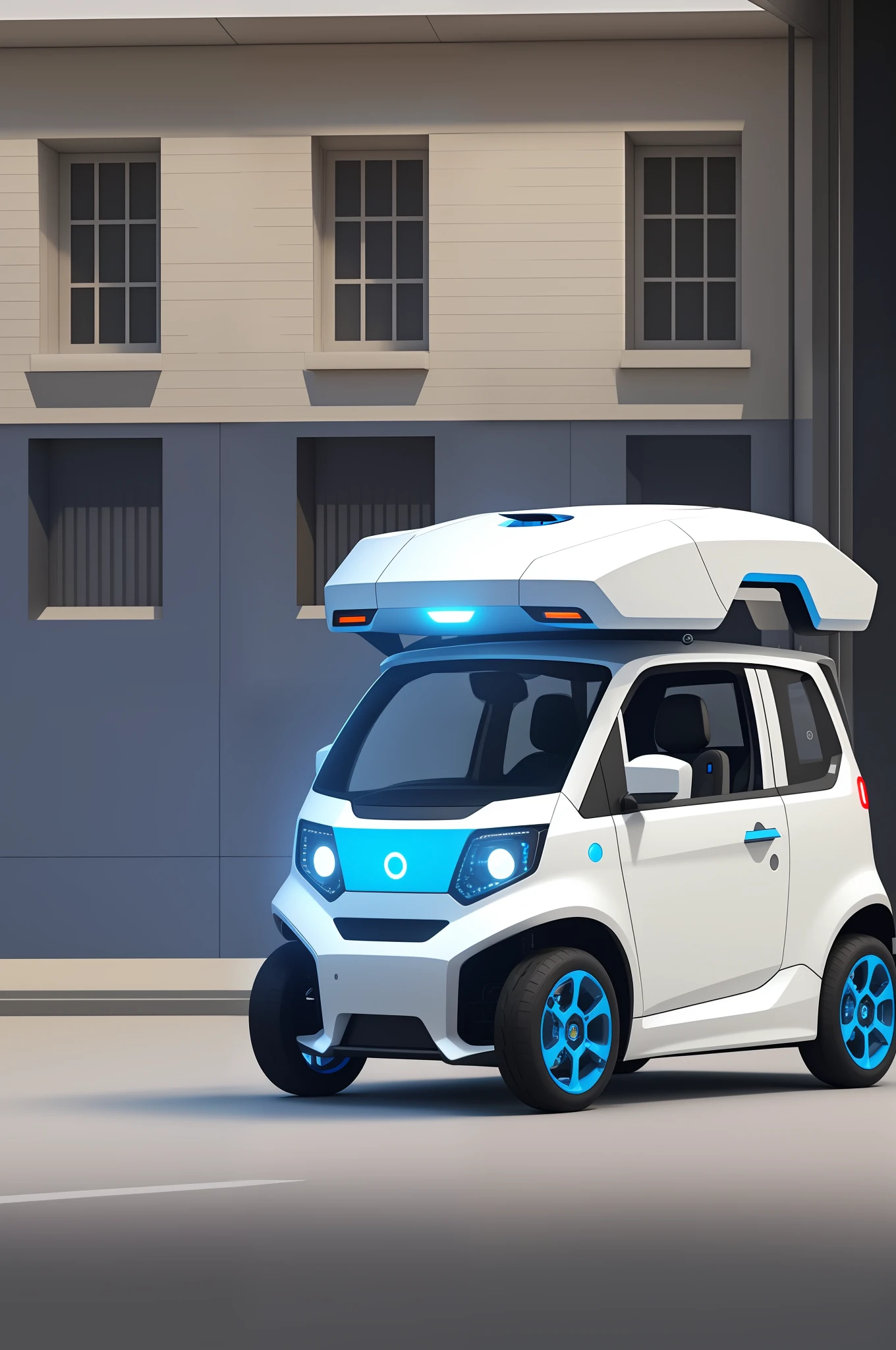 Concept of an unmanned car, representing a white cube, with rounded edges, the front facet represents a black screen with a blue smiley face, 4 wheels with metal-colored stamped discs, the top is a camera, design cute, drone car, square-shaped, robot, photorealism, 3d rendering
