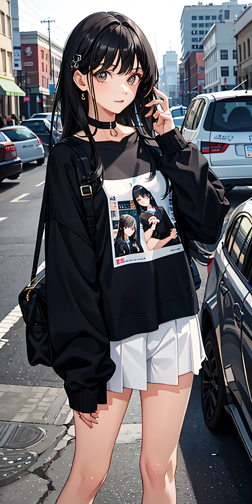 Black-haired 19-year-old girl wearing a sweatshirt, masterpiece-level picture is detailed and eye-catching.