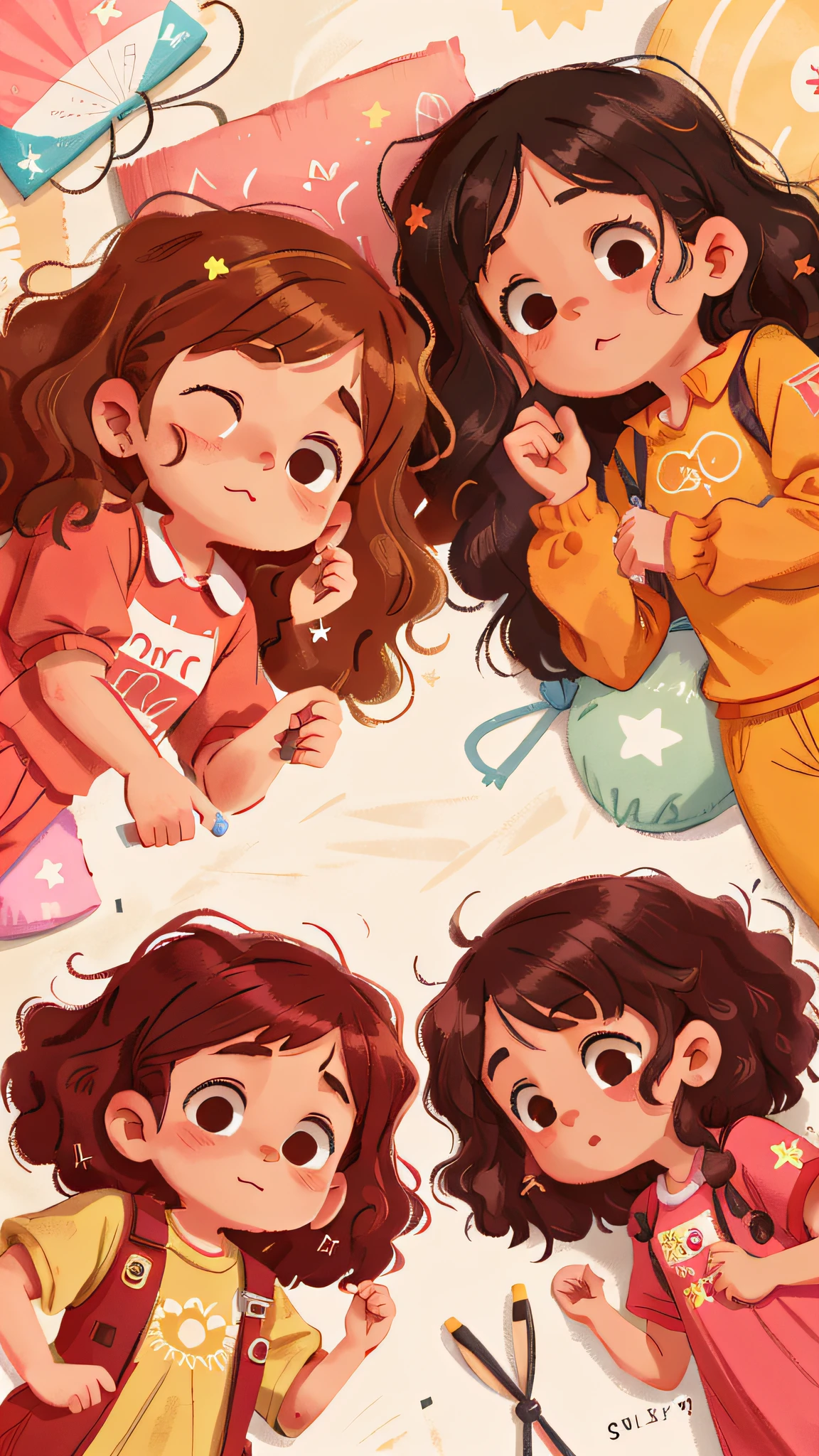 Two girls, twins, curly brown hair, asleep