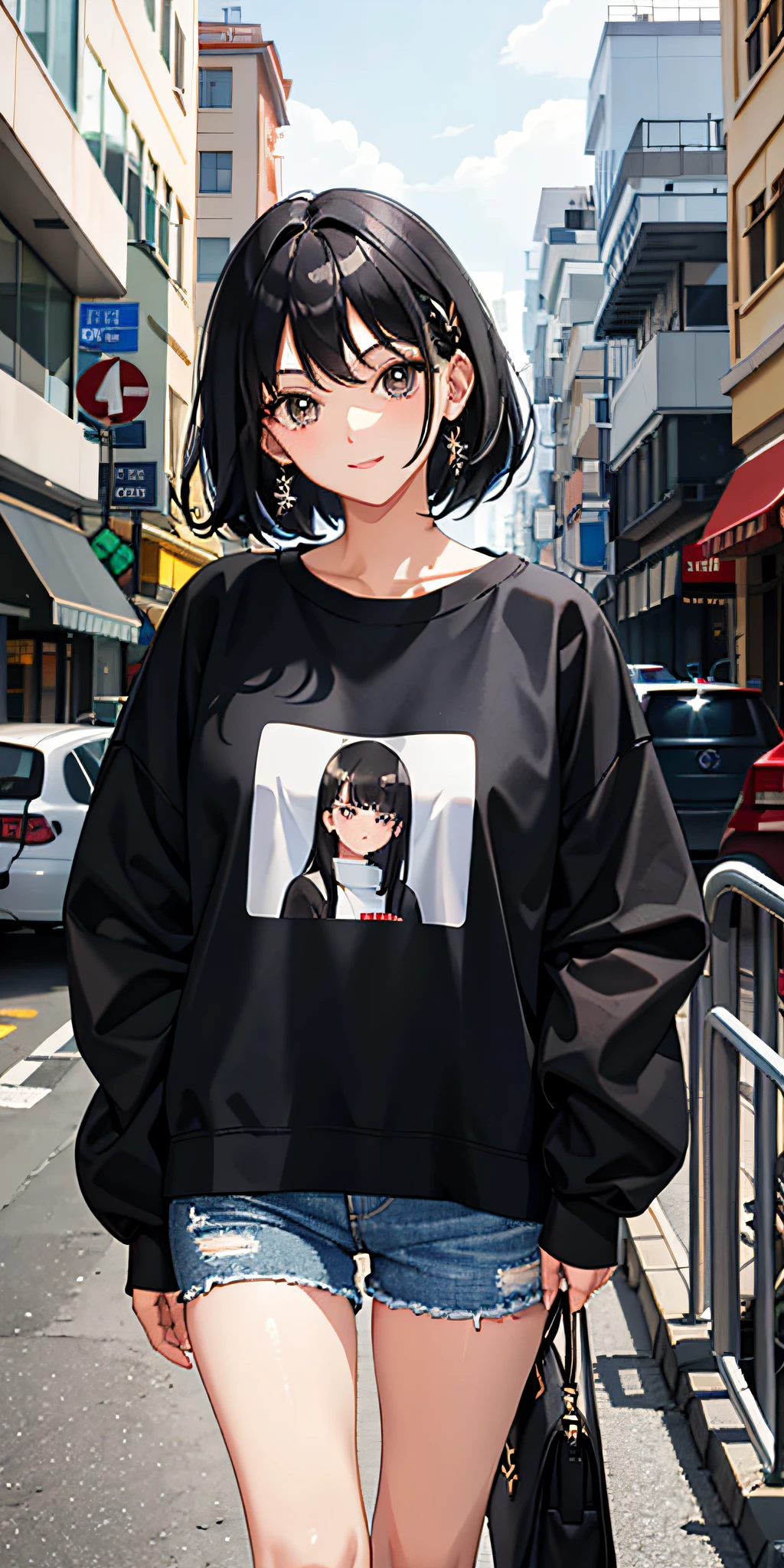 Black-haired 19-year-old girl wearing a sweatshirt, masterpiece-level picture is detailed and eye-catching.
