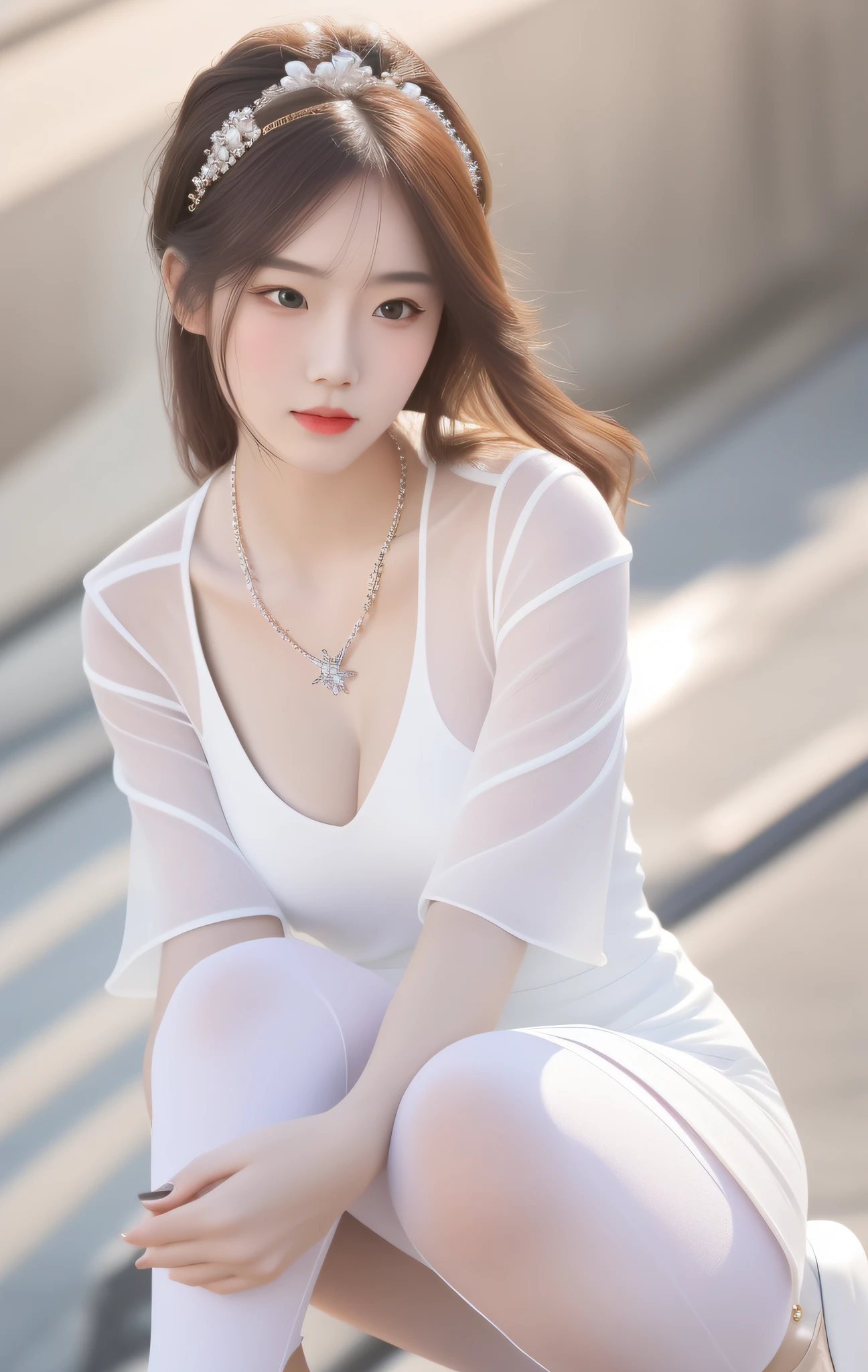 Best Quality, Masterpiece, High Resolution, 1 Girl, Porcelain Dress, Hair Accessories, Necklace, Jewelry, Beautiful Face, Physics, Tyndall Effect, Realism, Dark Studio, Edge Lighting, Two-tone Lighting, (High Detail Skin: 1.2), 8k UHD, DSLR, Soft Light, High Quality, Volumetric Light, Voyeur, Photo, High Resolution, 4K, 8K, Background Blur, Big Bust, Full Body, Long Legs, High Heels, White Leggings, Refined Face