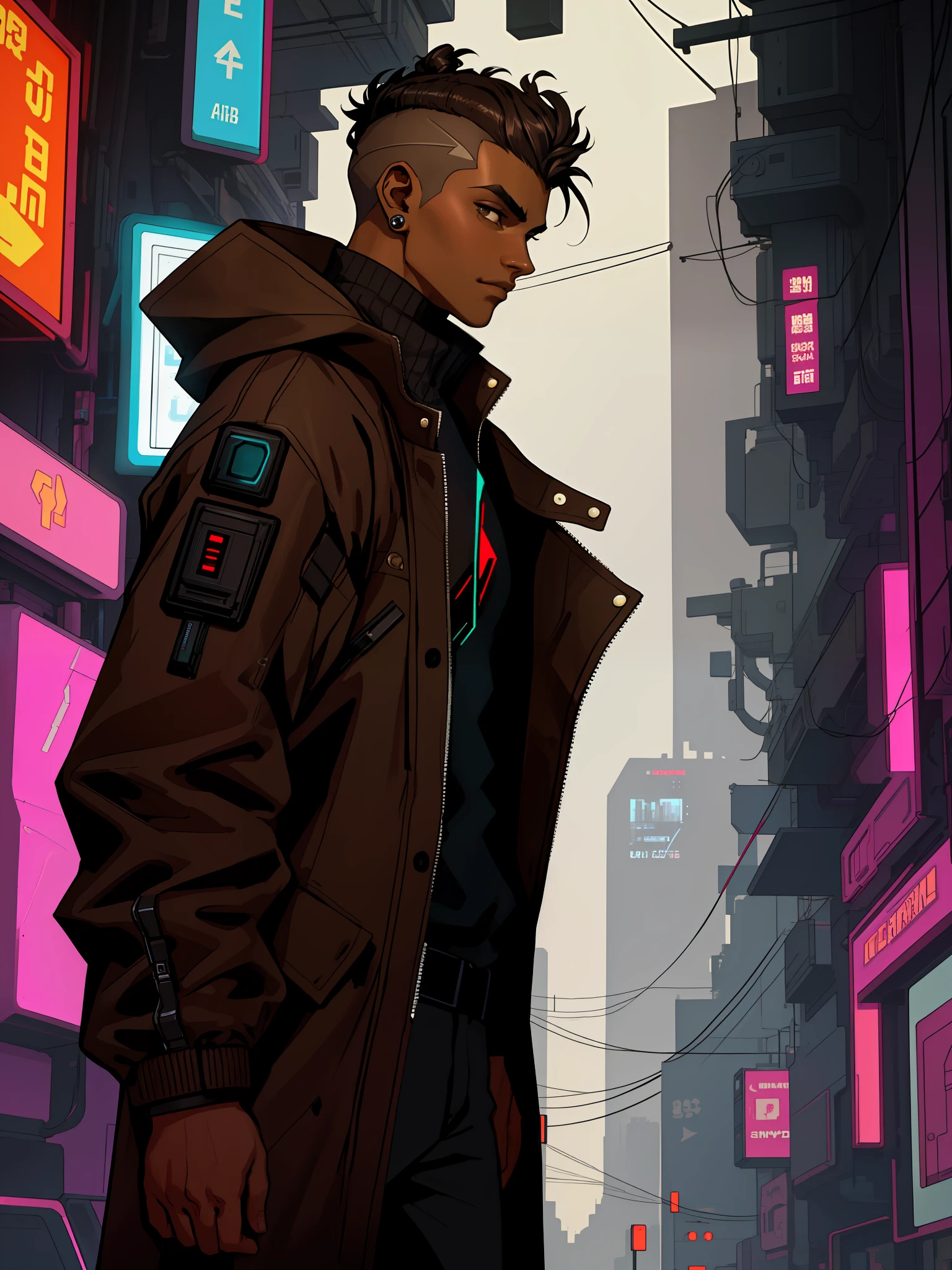 1boy, dark skin, short curly hair, shaved side, brown coat, looking at viewer, cyberpunk edgerunners style