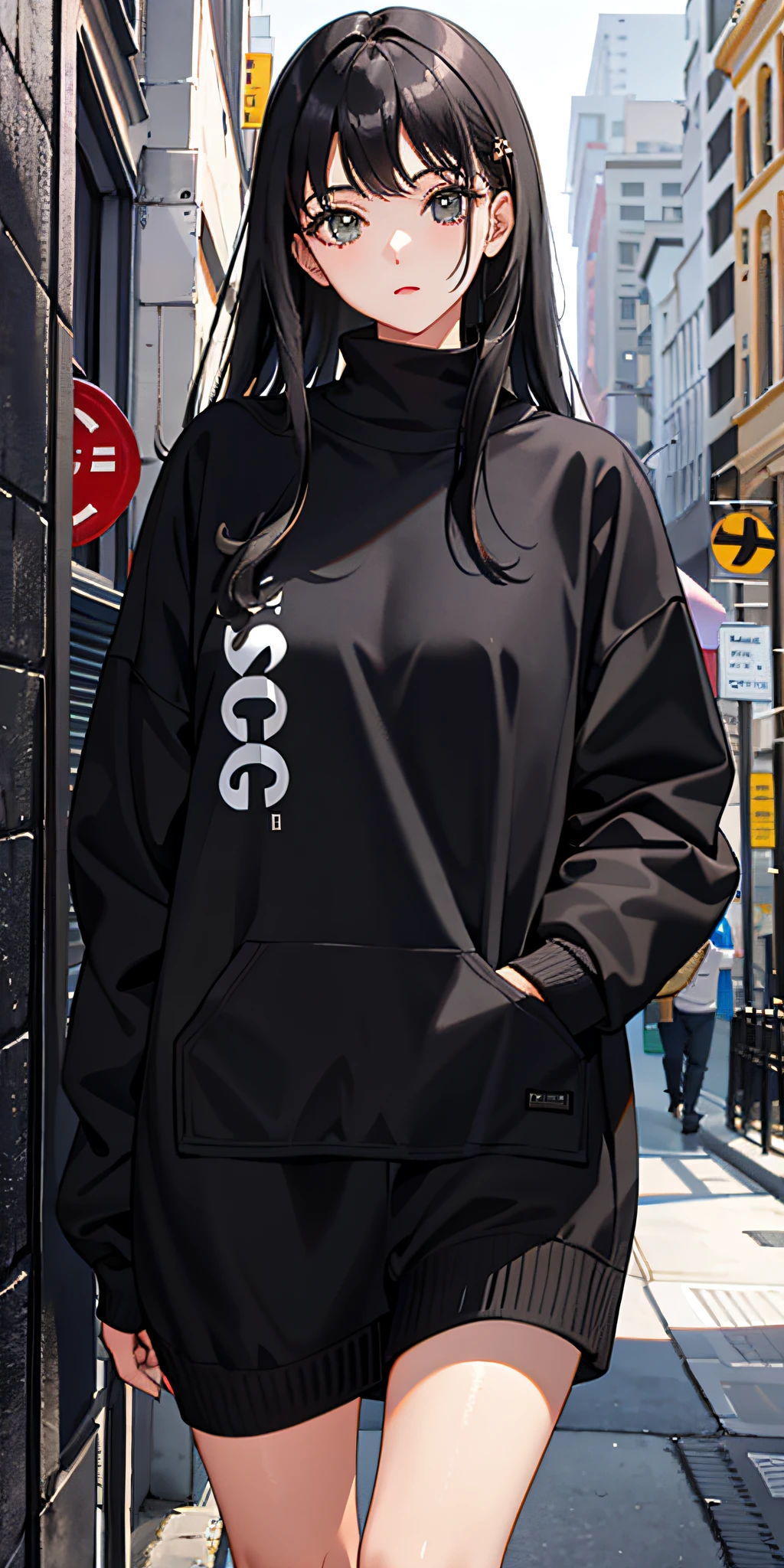 Black-haired 19-year-old girl in a sweatshirt, masterpiece-level picture is detailed, exquisite and eye-catching, and the background is empty