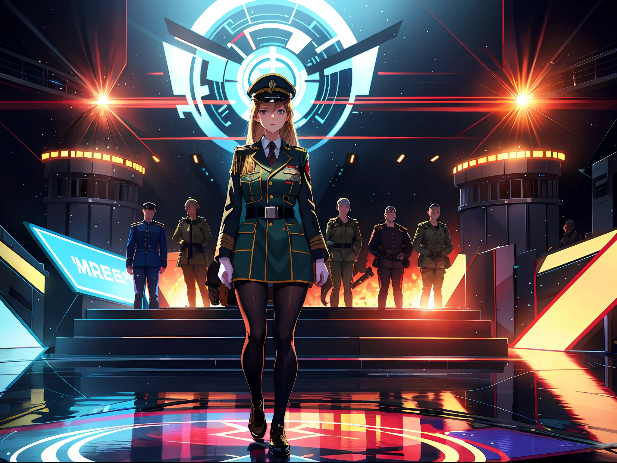 High resolution, highest quality, illustrations, super detail, a female host in military uniform is standing in front of the speech stage, behind an oversized electronic screen, soft spotlights, a group of people