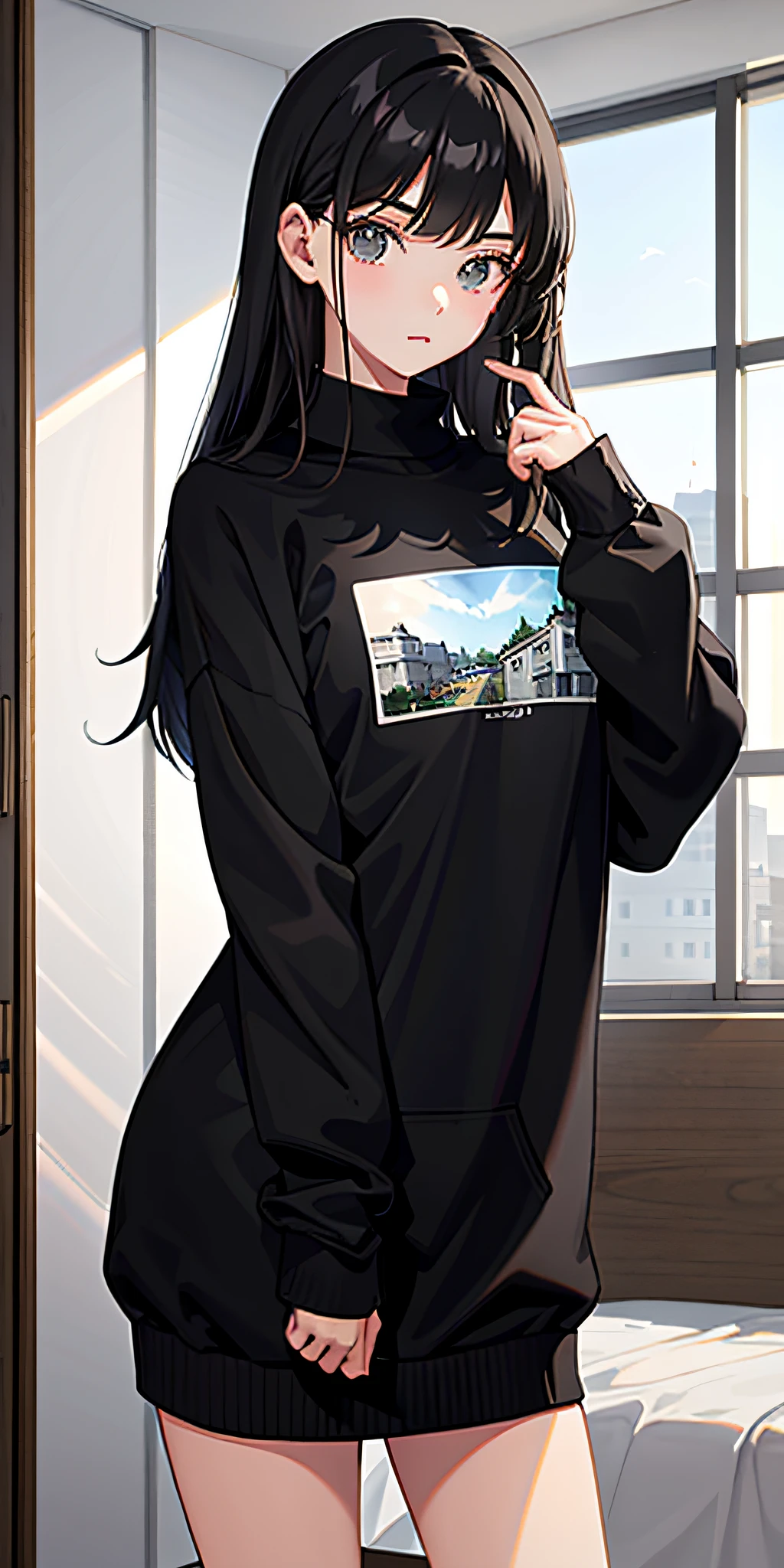 Black-haired 19-year-old girl in a sweatshirt, masterpiece-level picture is detailed, exquisite and eye-catching, and the background is empty